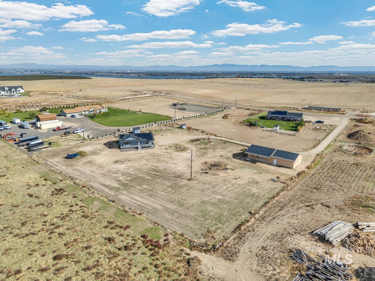 Aerial view of sparsely populated area with mountains