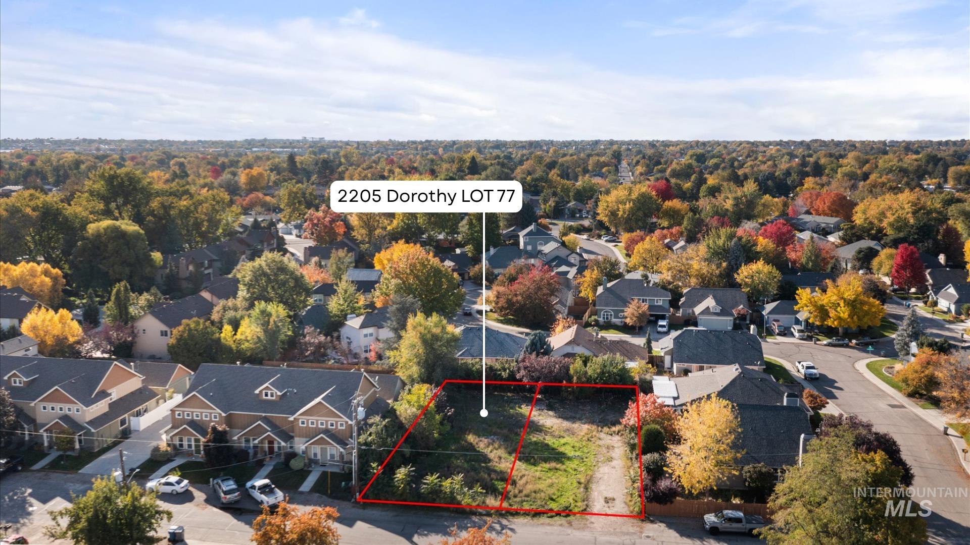 Aerial perspective of suburban area with property boundaries highlighted
