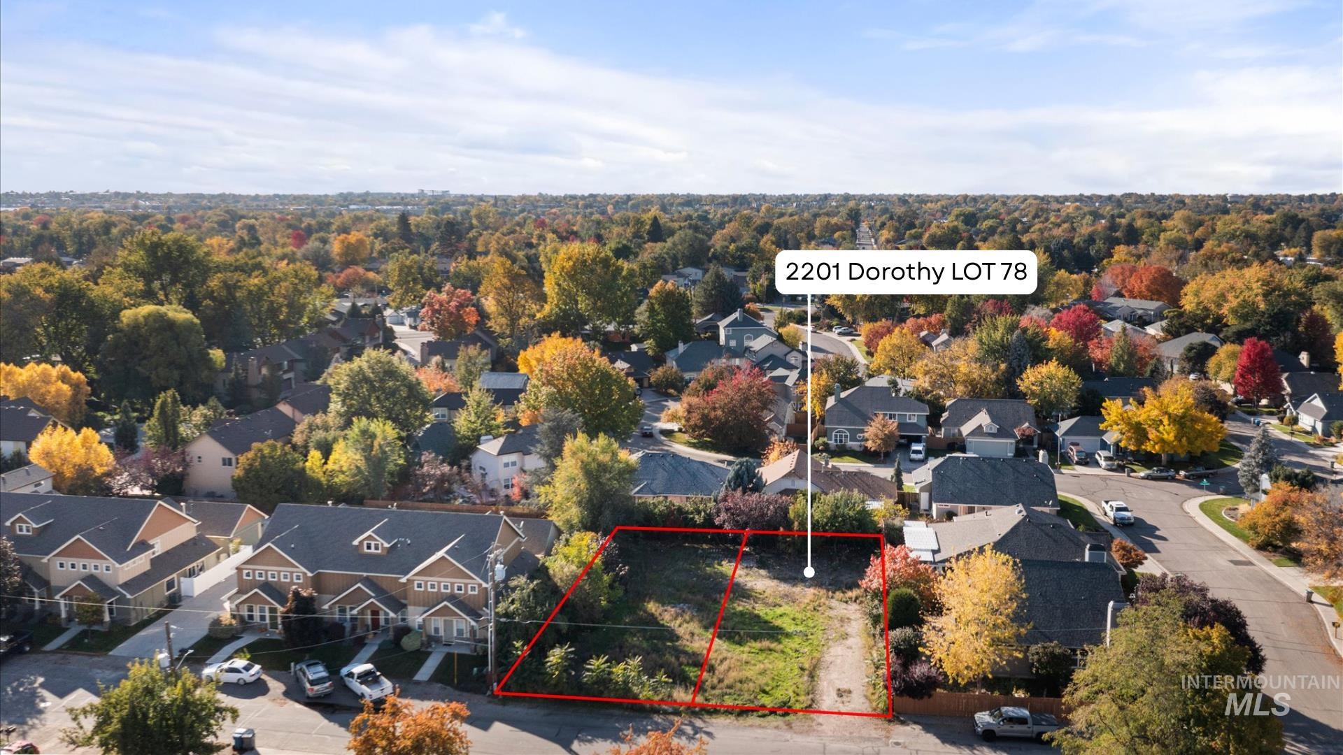 Aerial perspective of suburban area with property boundaries highlighted