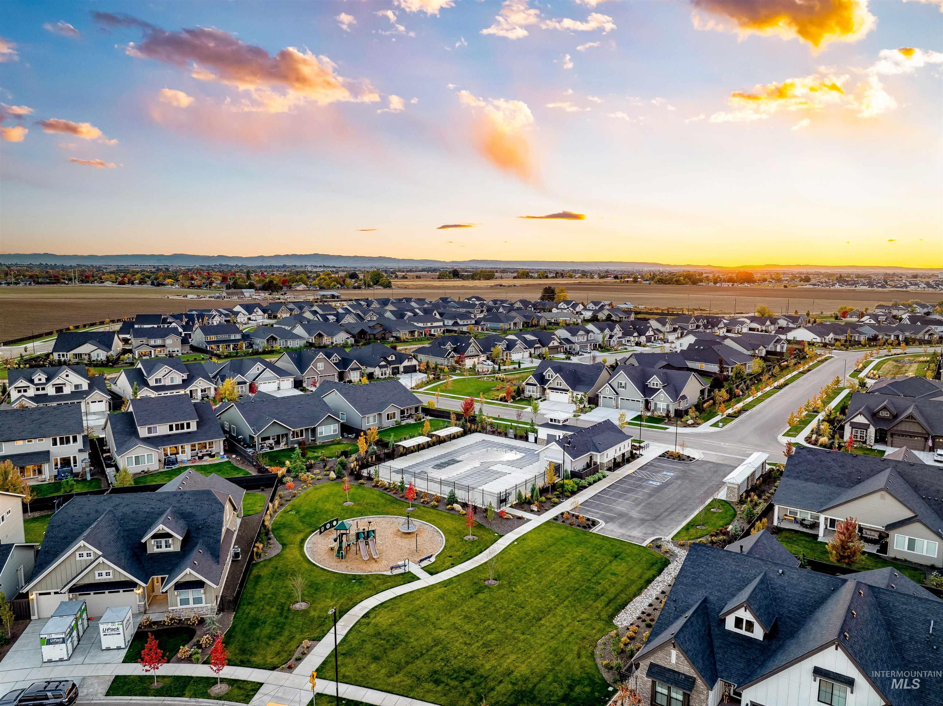 Aerial view at dusk of a residential view