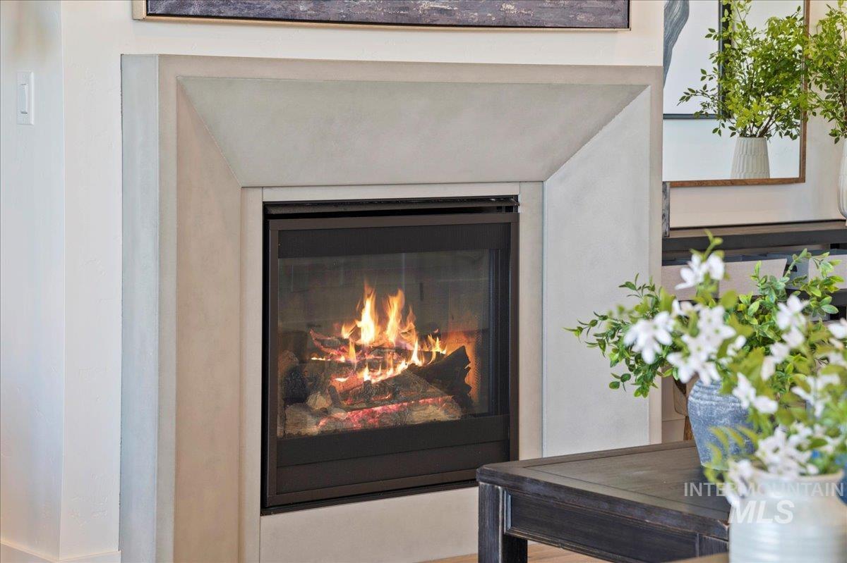 Detailed view of a glass covered fireplace