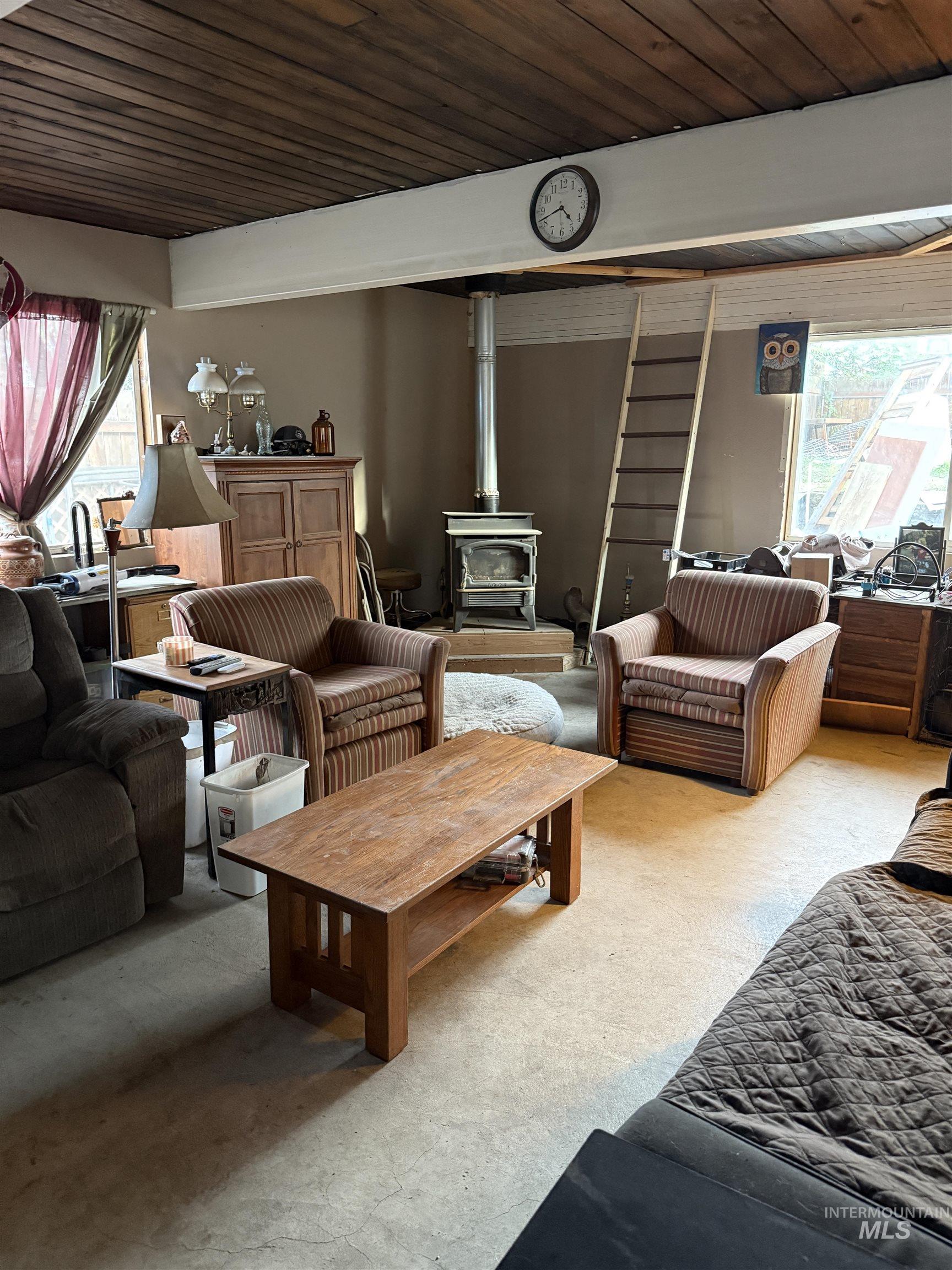 Living area with a wood stove and wooden ceiling