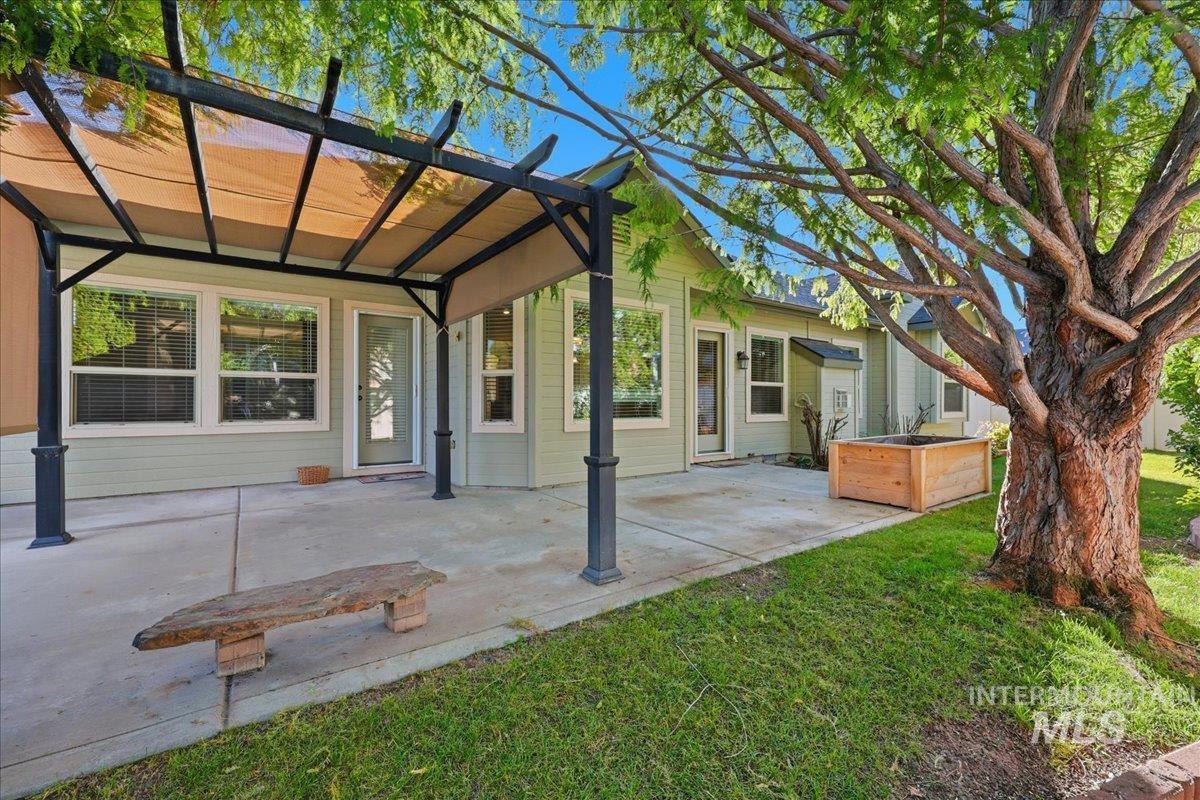 Rear view of property featuring a pergola, a patio, and a lawn