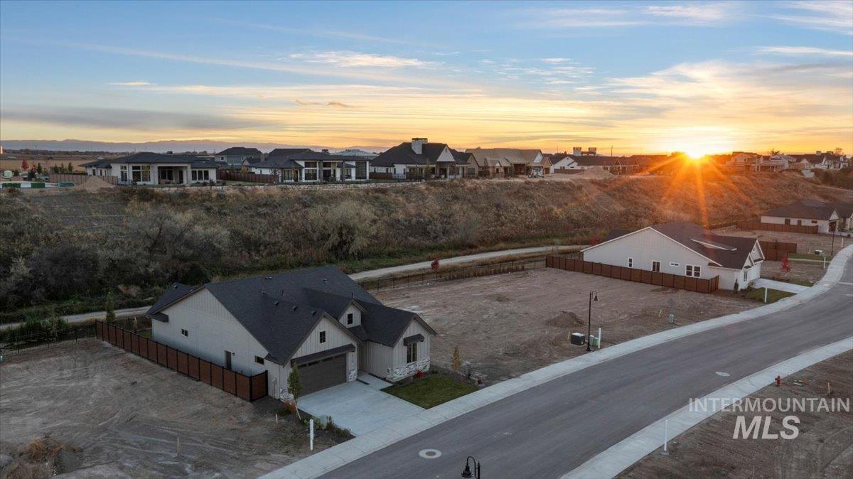 Aerial view at dusk of a residential view