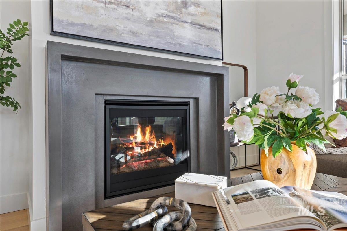 Detailed view of a glass covered fireplace