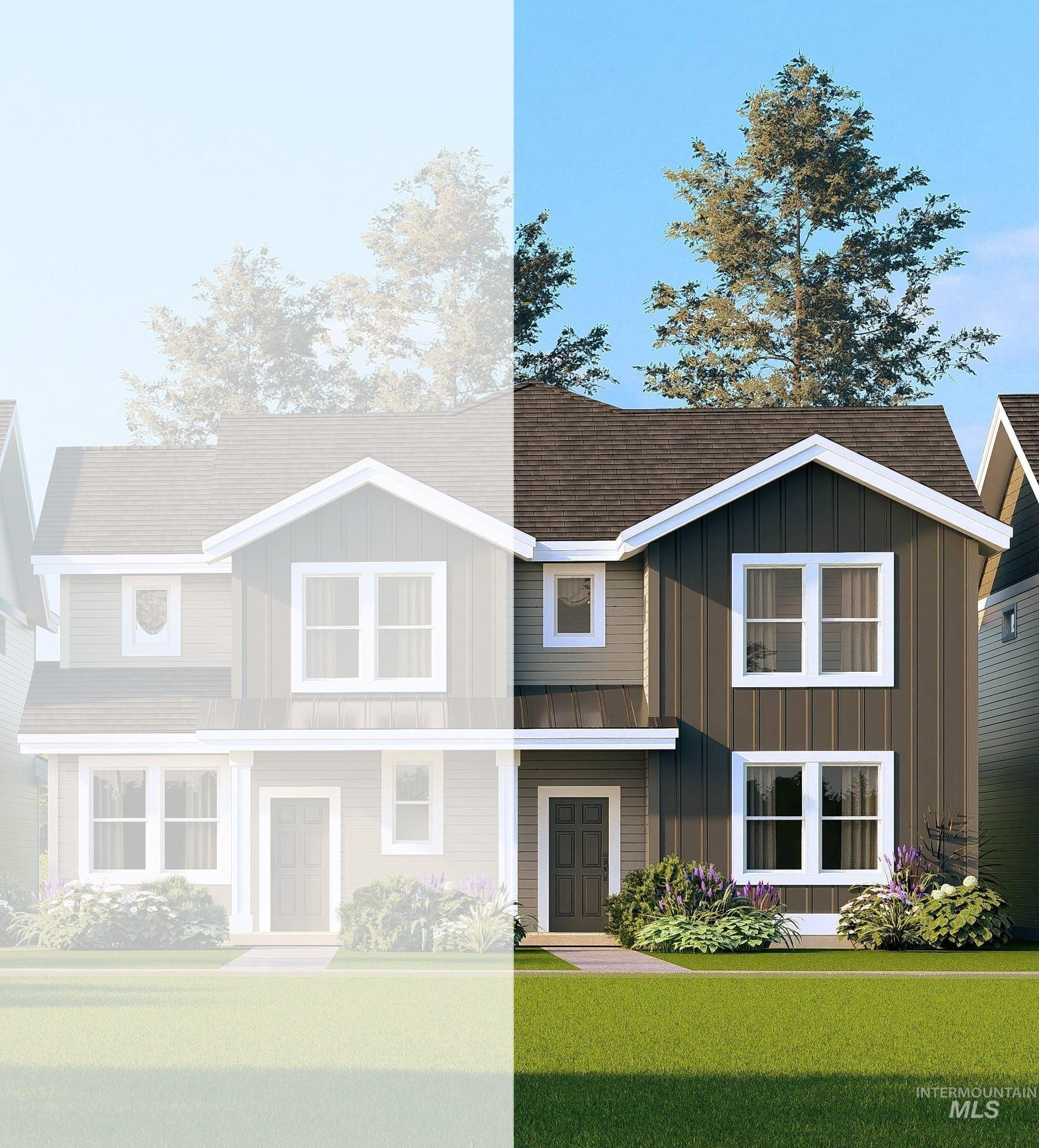View of front of house with board and batten siding, a front yard, and a standing seam roof