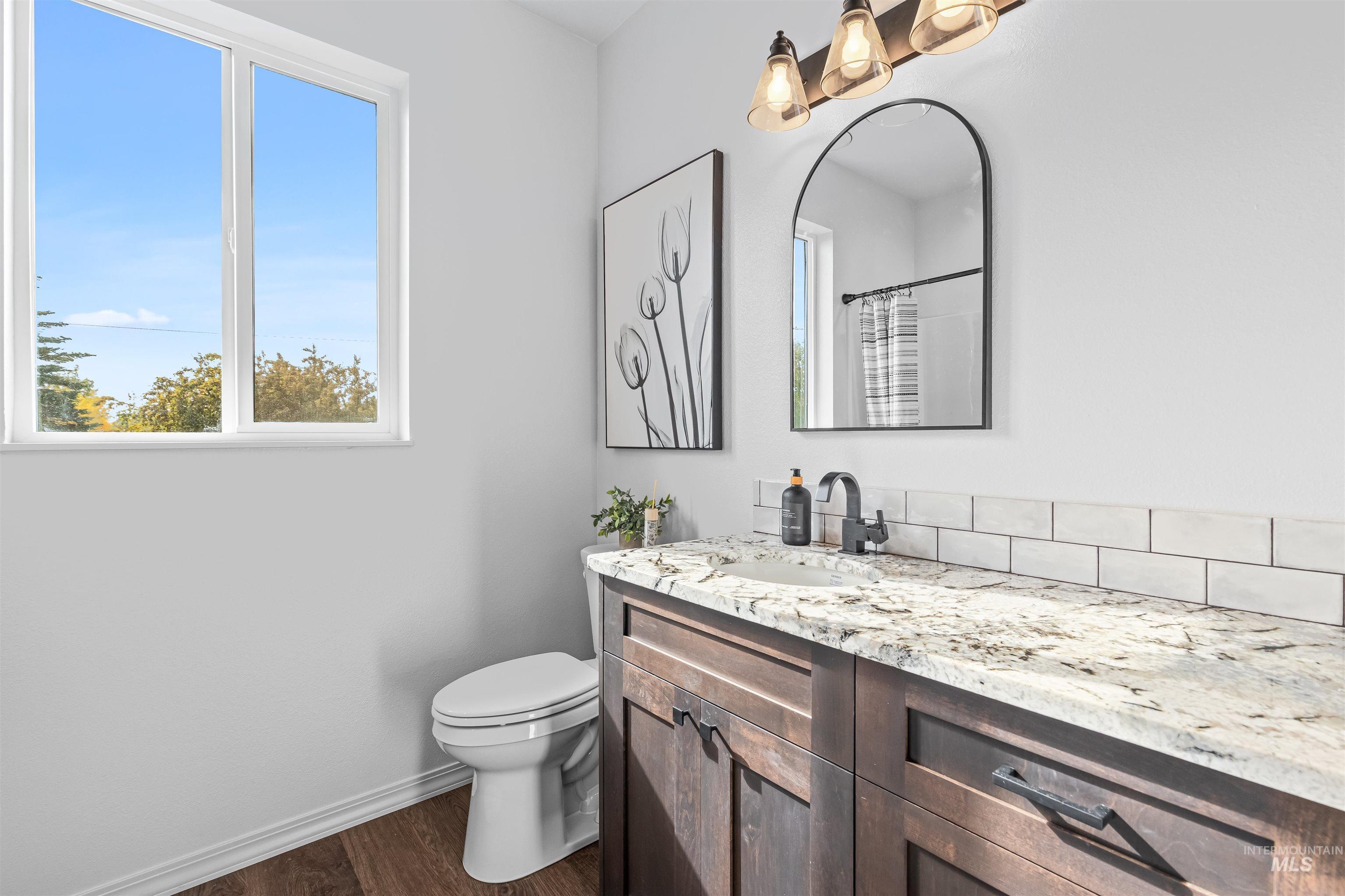 Bathroom with curtained shower, vanity, and dark wood-type flooring