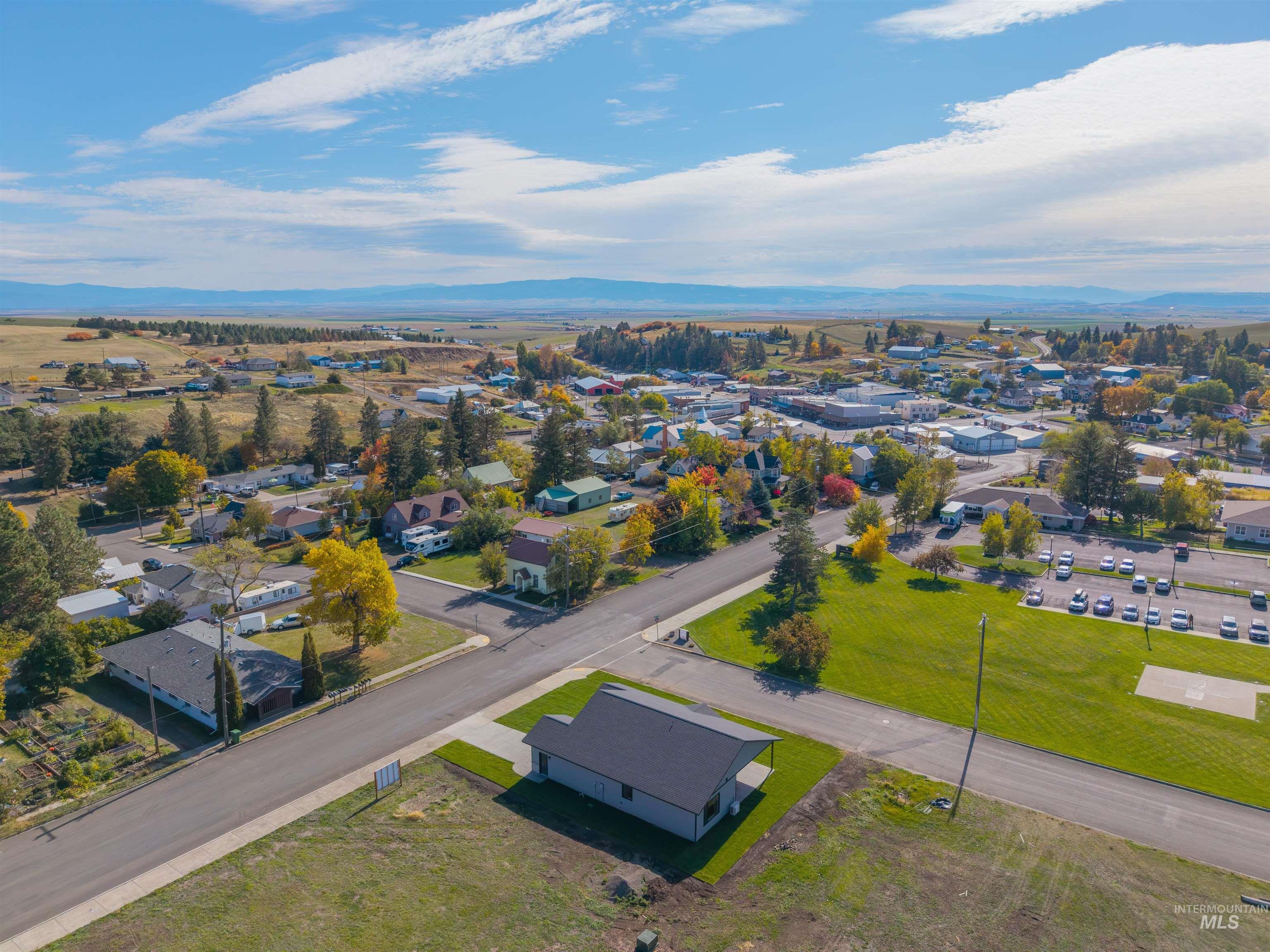 Aerial view of residential area with a mountainous background