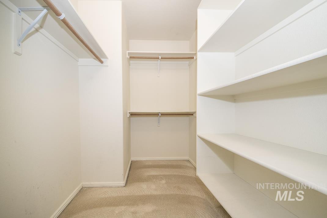 Walk in closet featuring light colored carpet