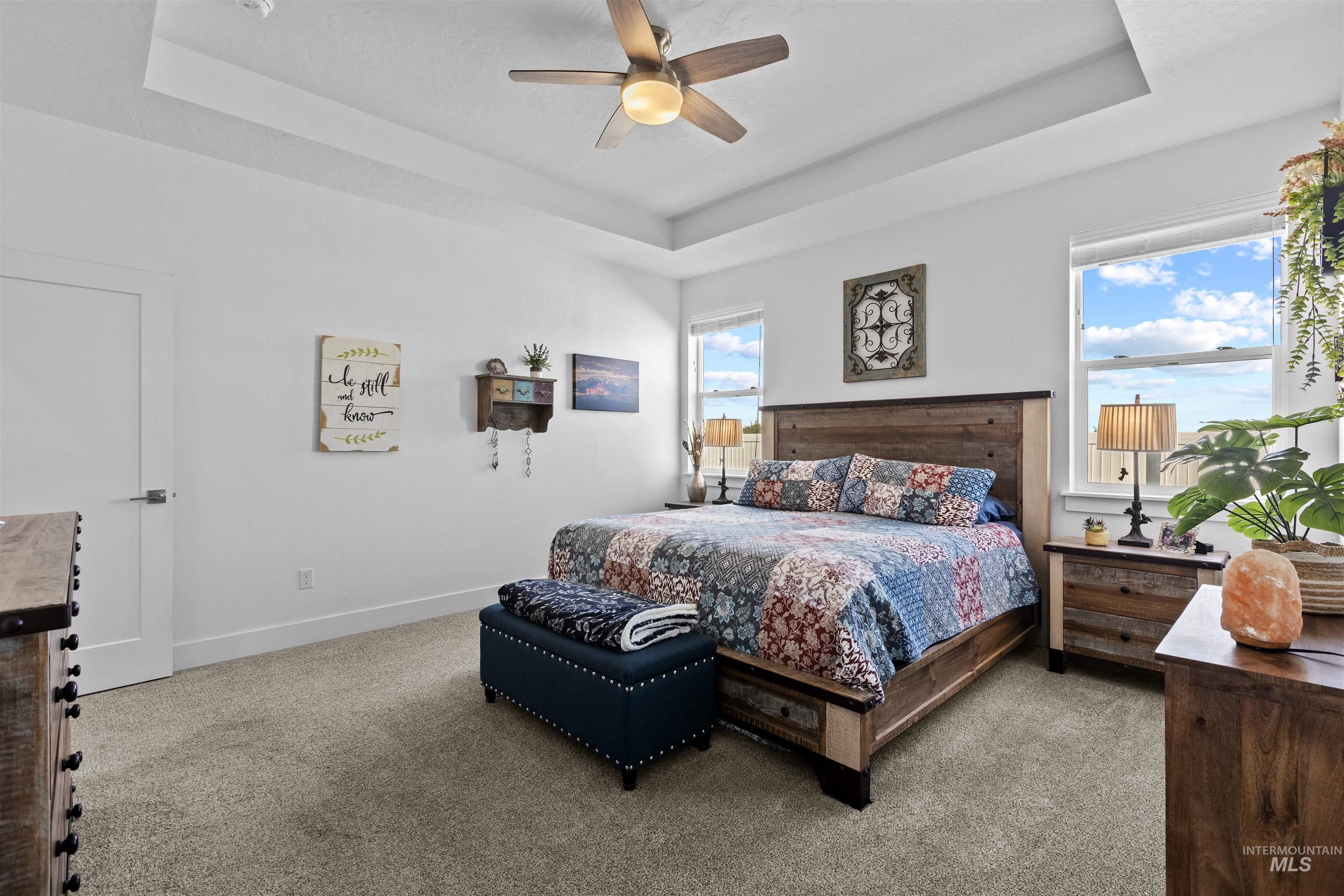 Bedroom featuring a raised ceiling, carpet floors, and a ceiling fan