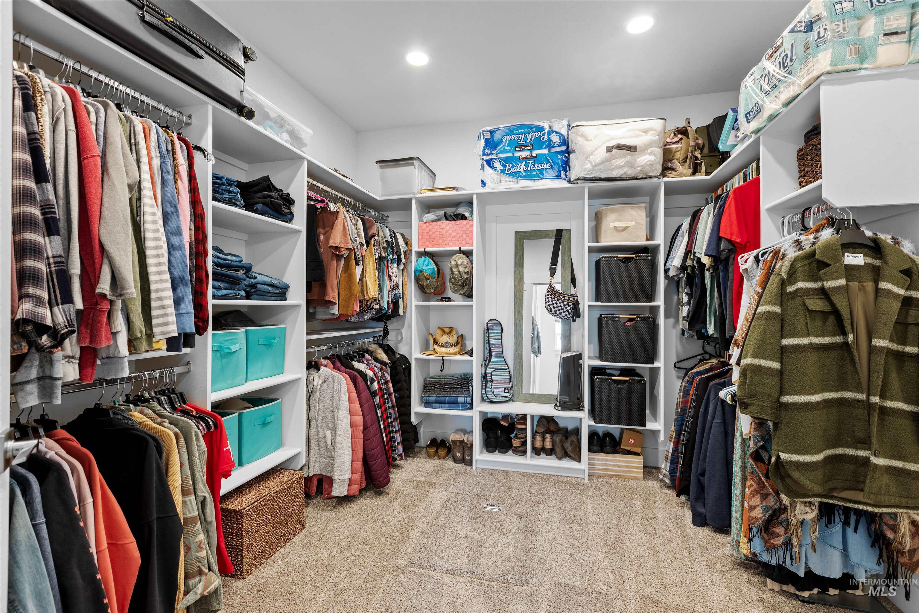 Walk in closet with light colored carpet