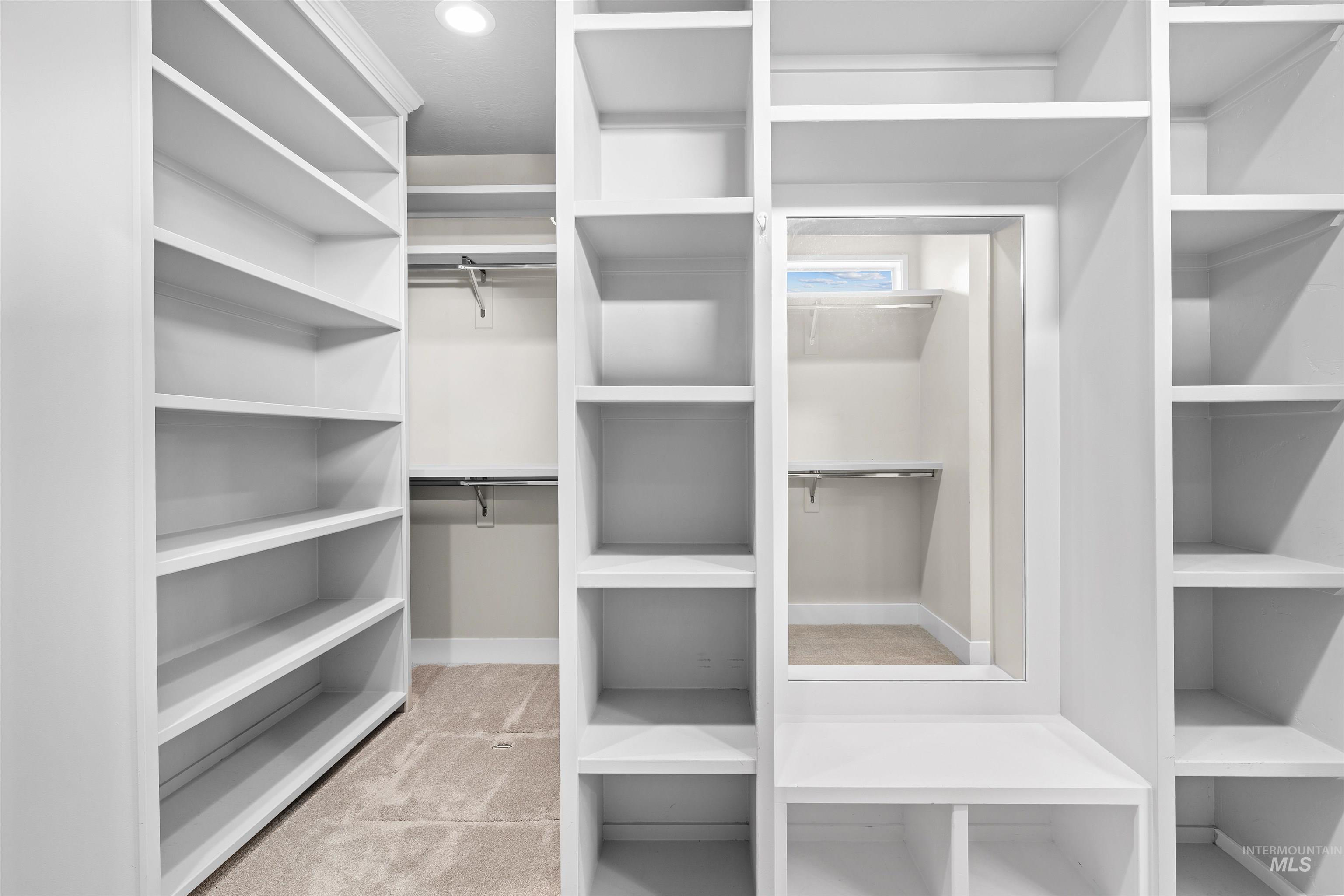 Spacious closet featuring light carpet