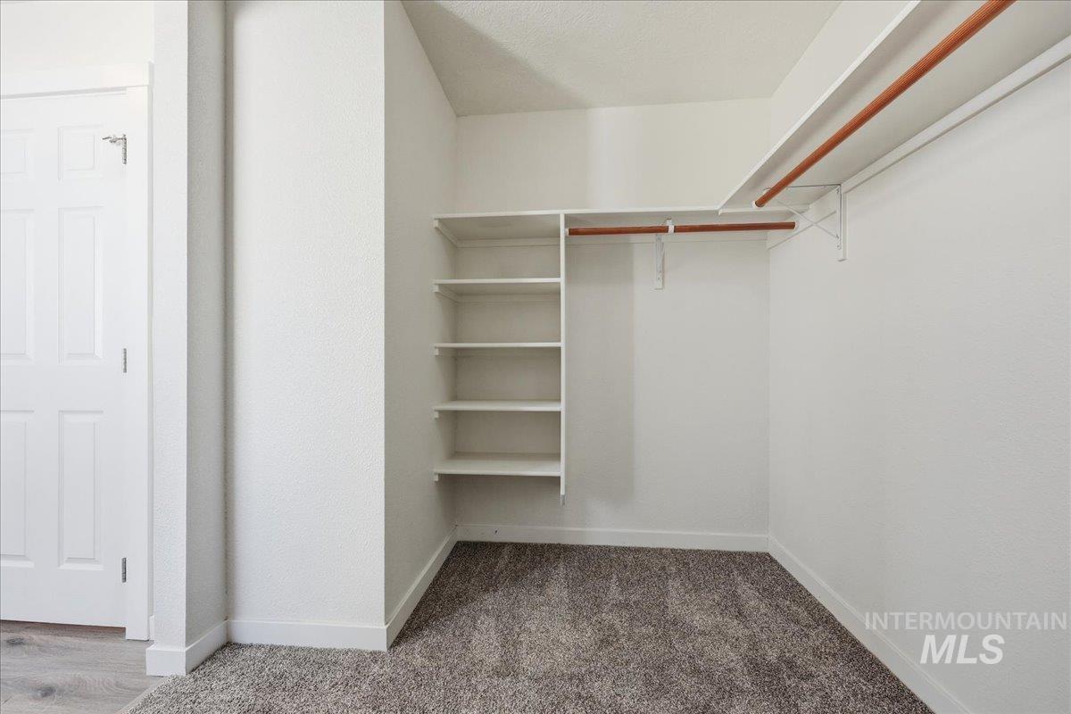 Spacious closet with dark colored carpet