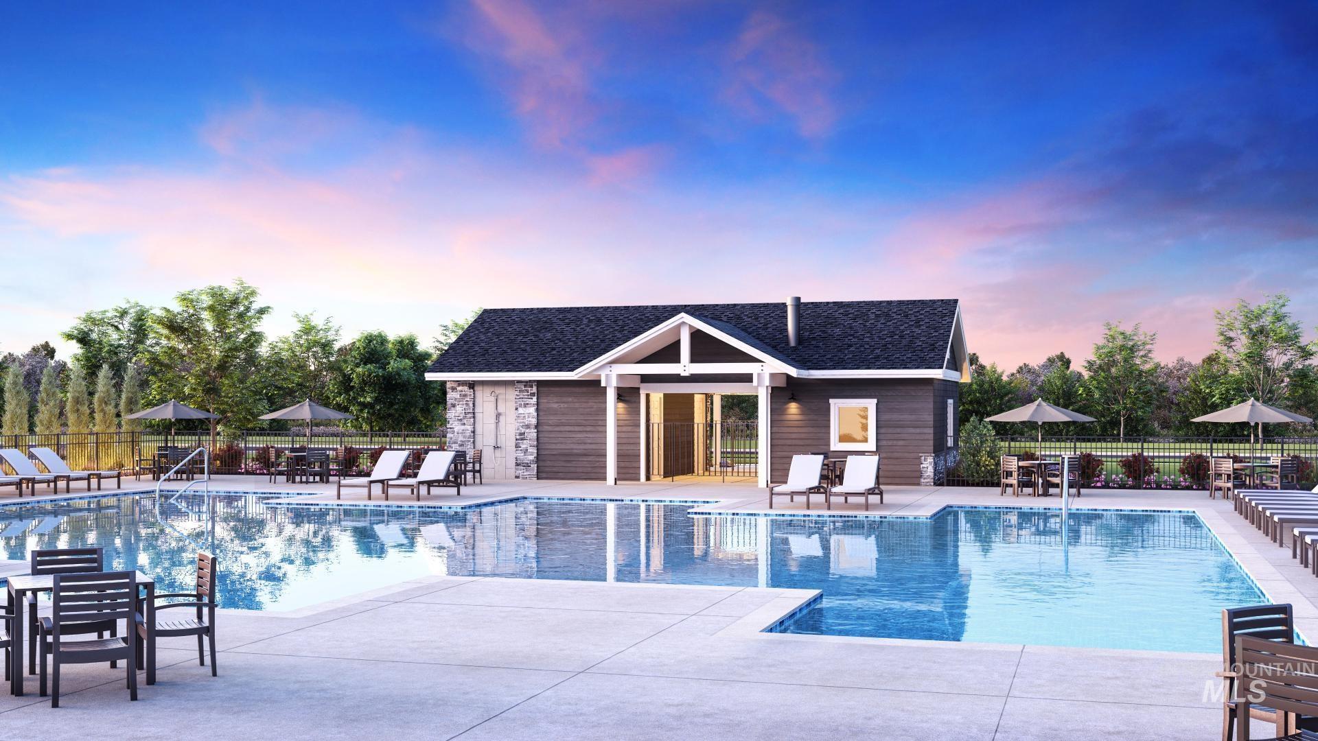 Community pool with a patio