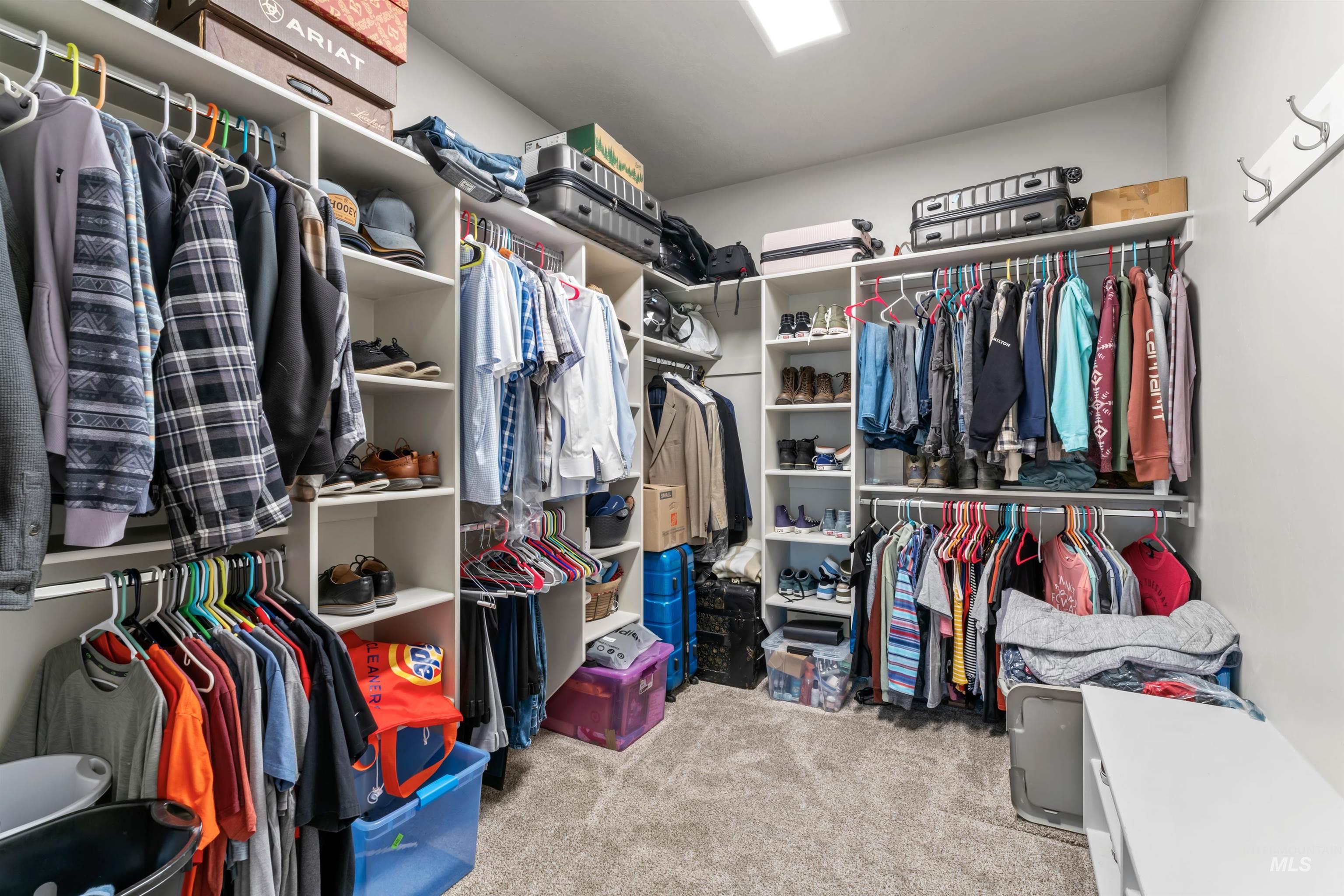 Walk in closet with light colored carpet