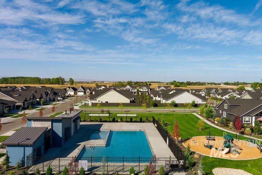 Aerial view of residential area with a pool area