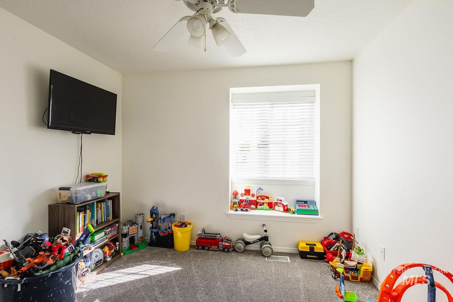 Game room featuring carpet floors and a ceiling fan