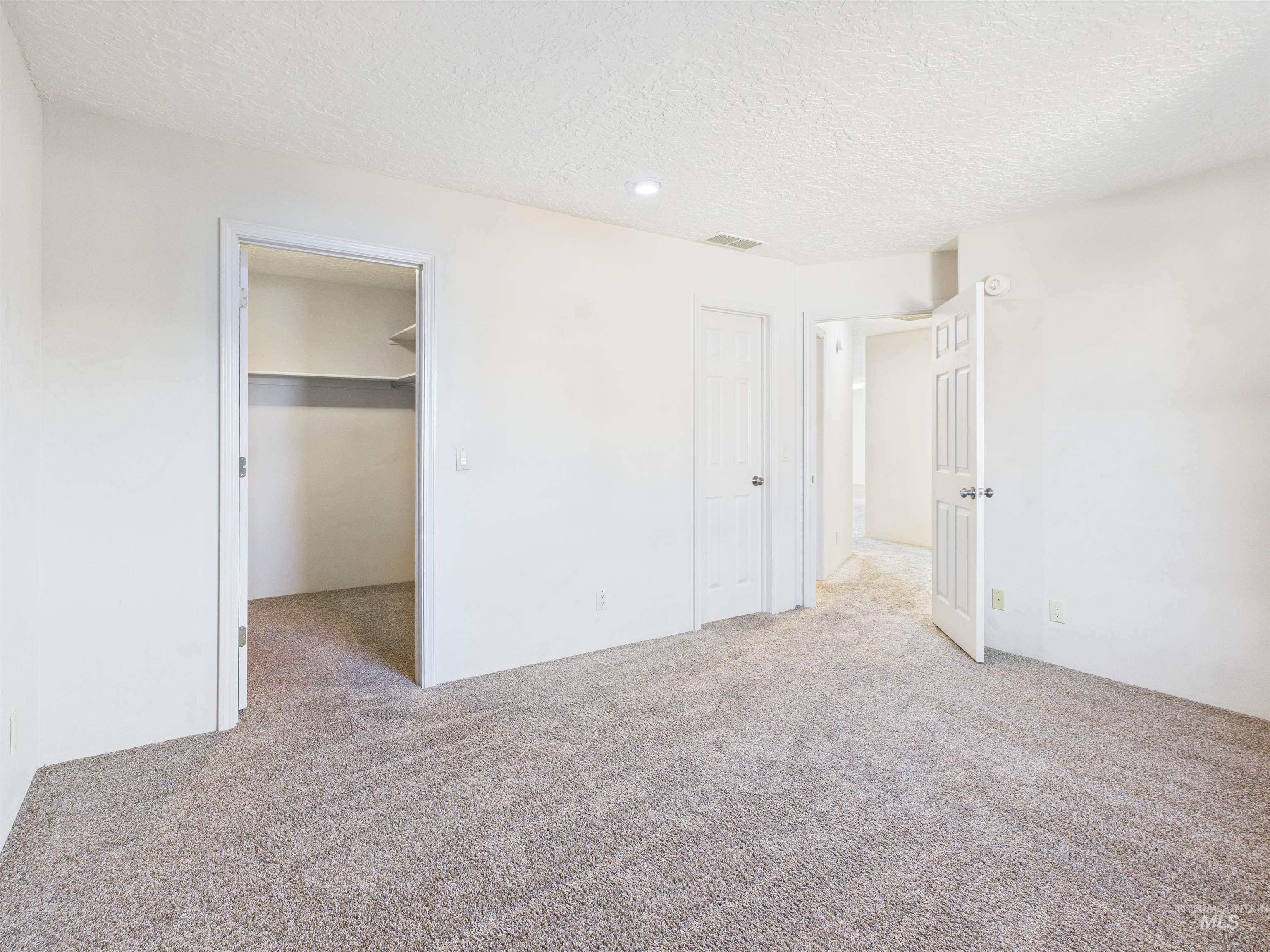 Unfurnished bedroom featuring light colored carpet, a spacious closet, and a textured ceiling