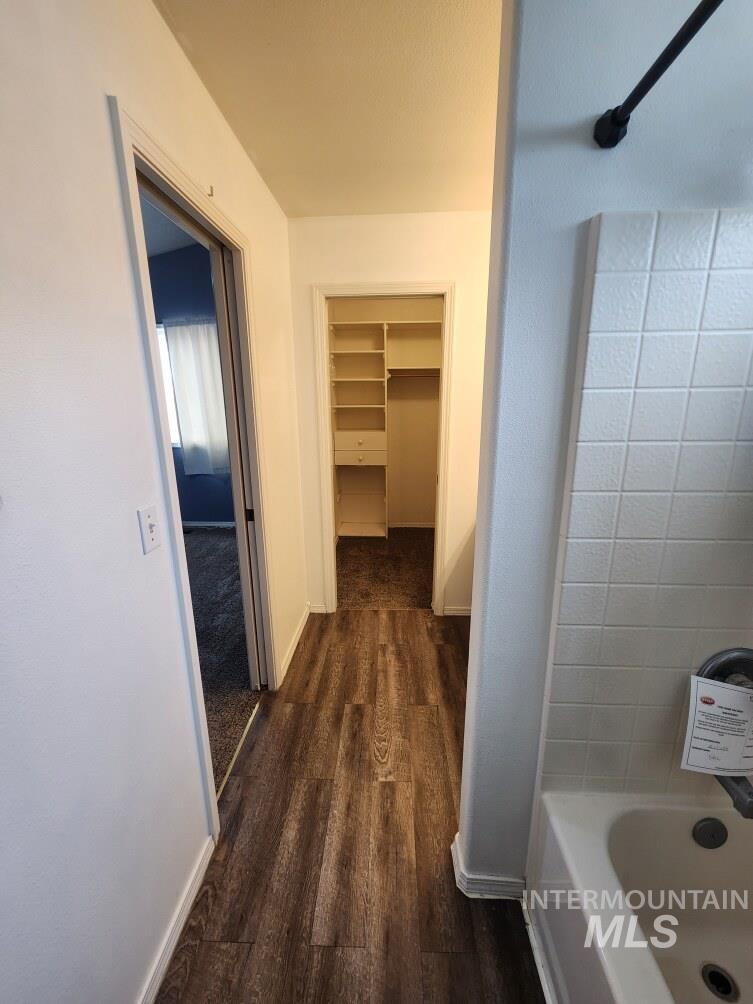 Bathroom featuring dark wood-style flooring and a spacious closet