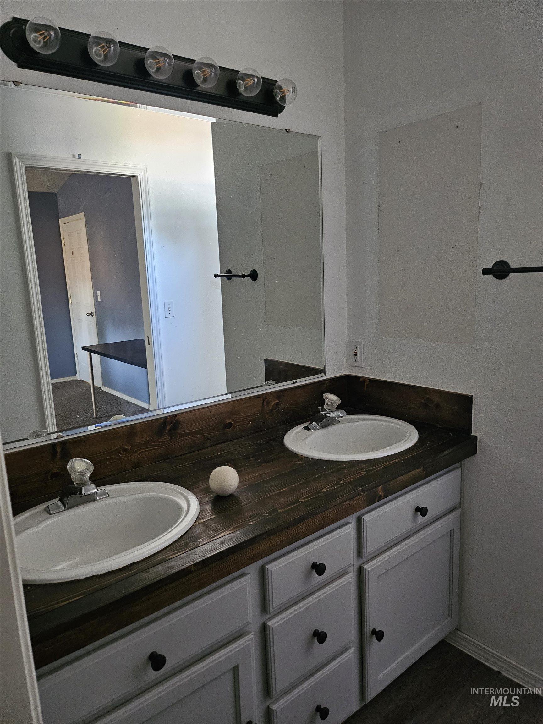 Bathroom featuring double vanity and dark wood-type flooring