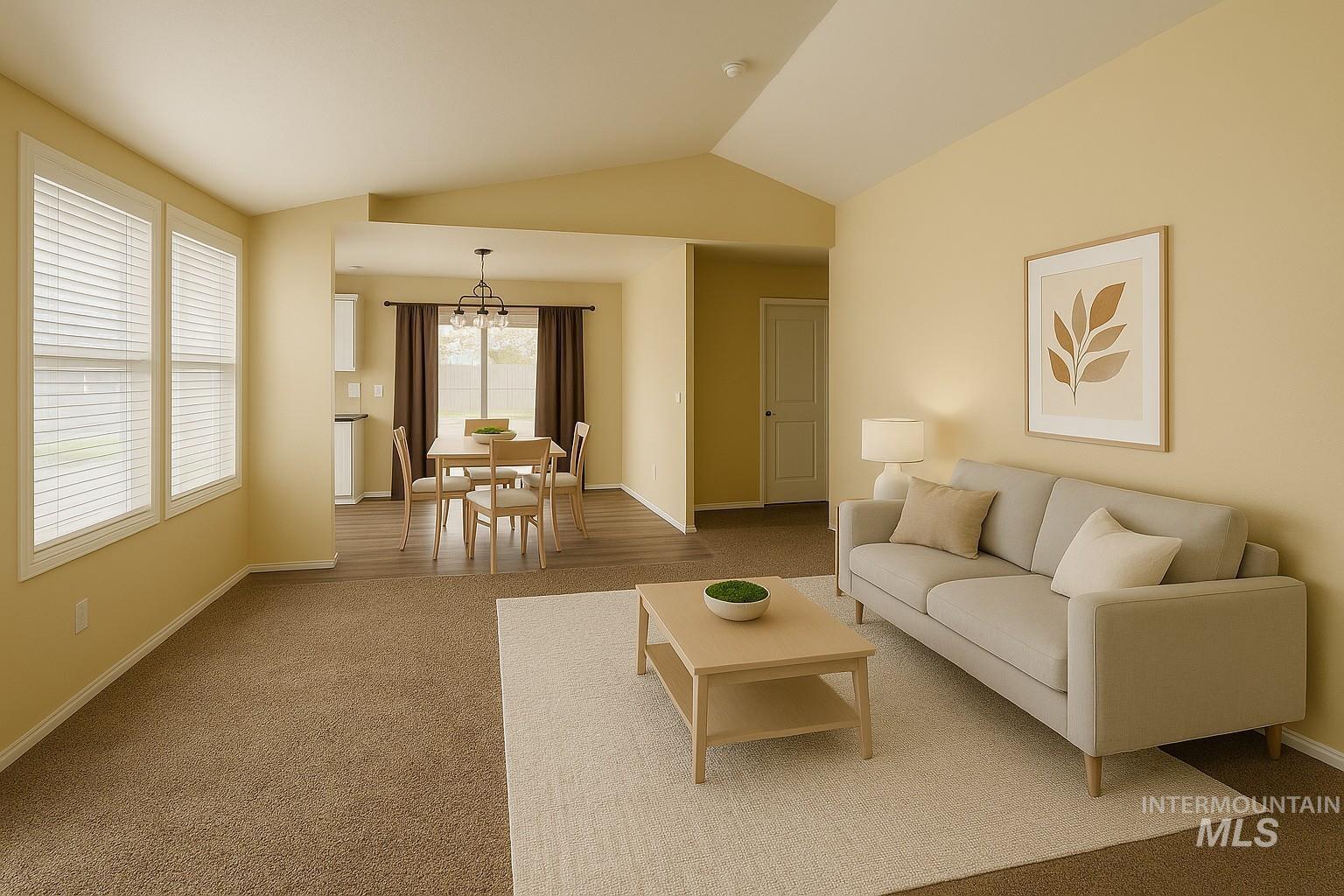 Living area featuring vaulted ceiling, carpet, and a chandelier