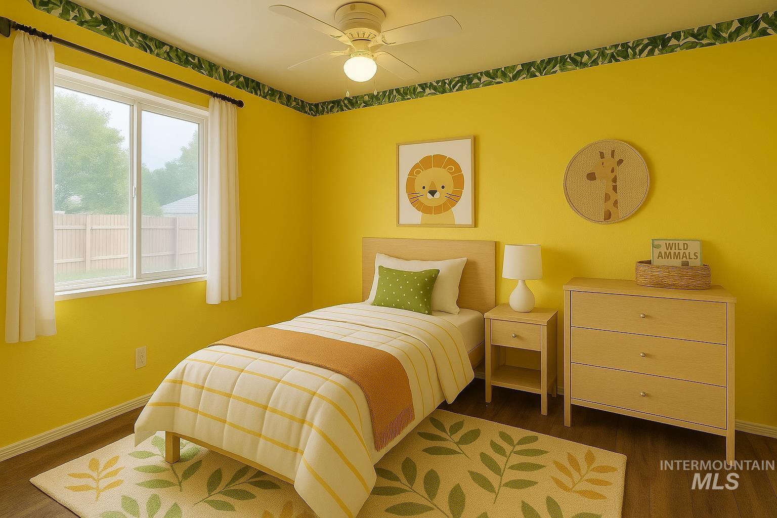 Bedroom featuring dark wood-type flooring and a ceiling fan