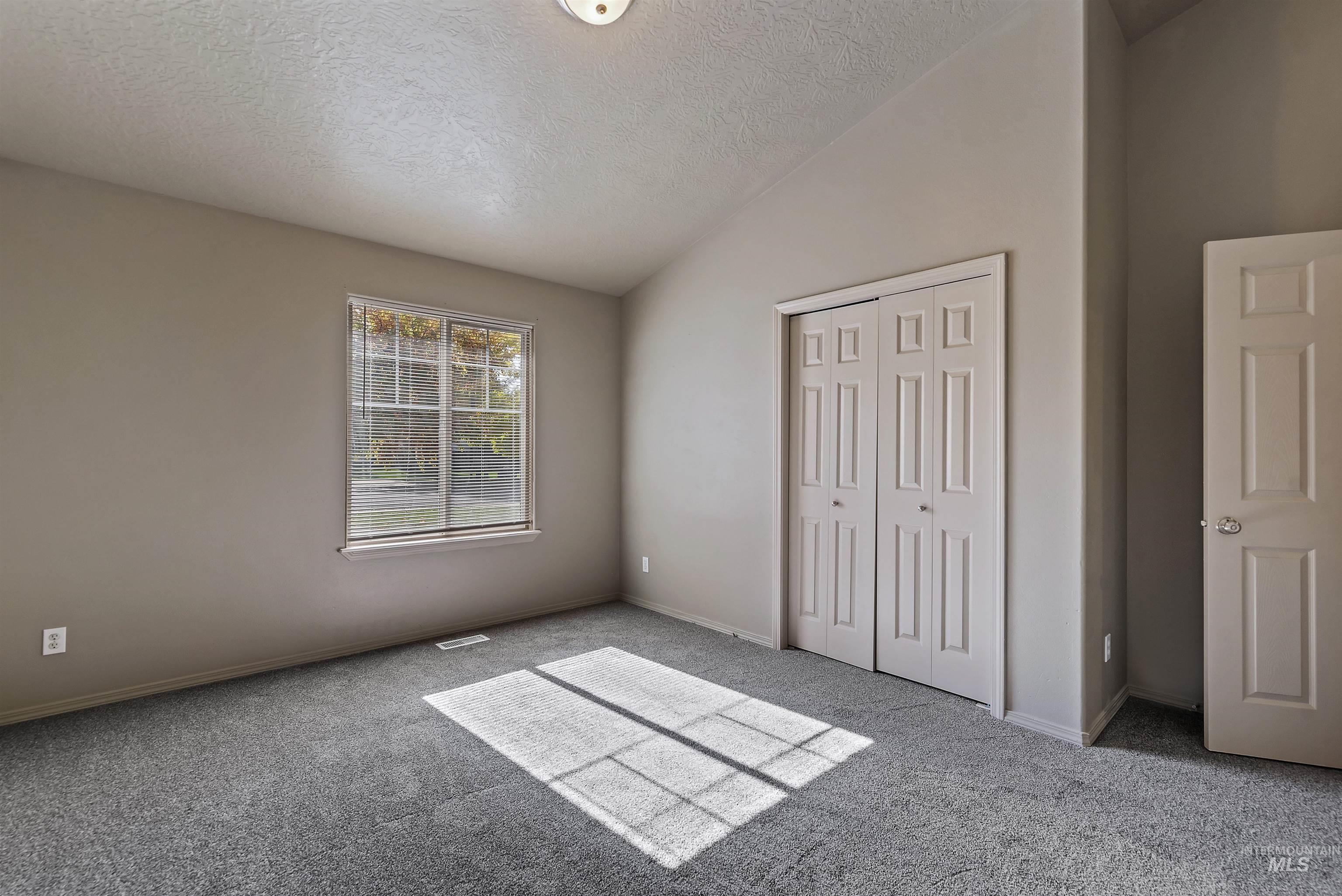 Unfurnished bedroom featuring lofted ceiling, carpet flooring, a textured ceiling, and a closet