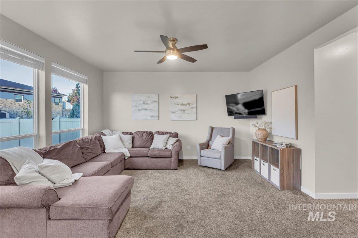 Living room featuring carpet and ceiling fan