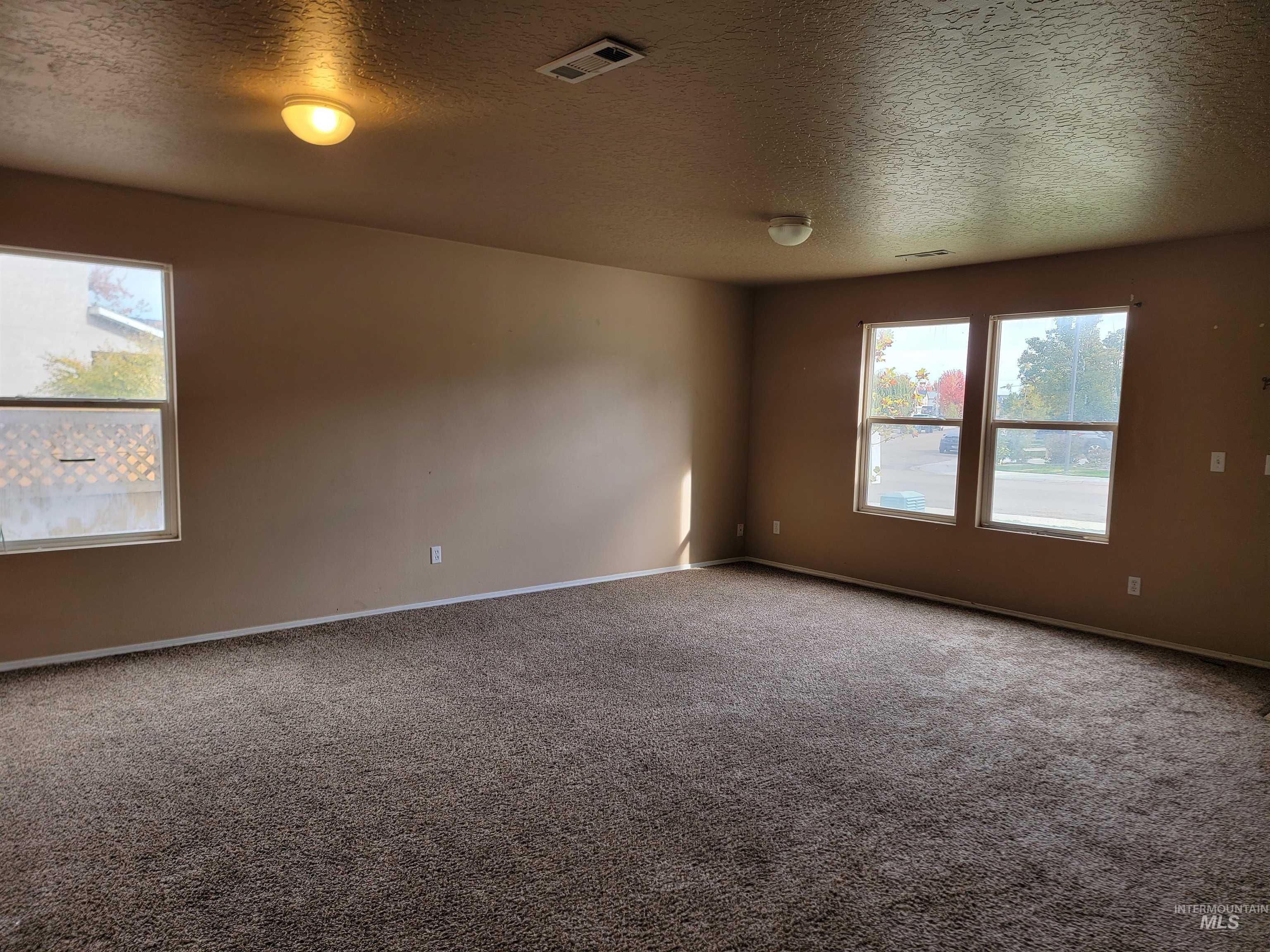 Unfurnished room featuring a textured ceiling and carpet flooring