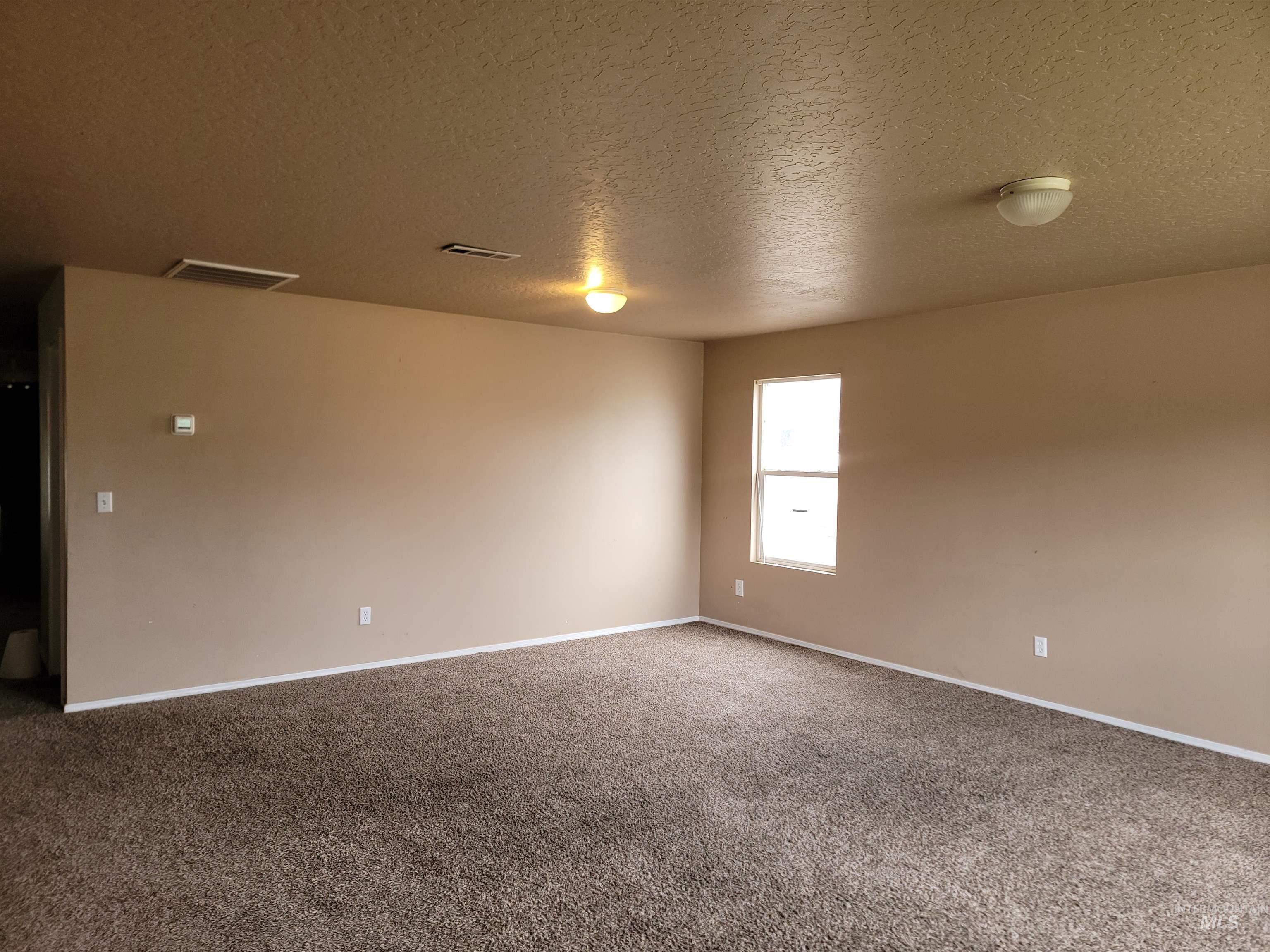 Unfurnished room featuring carpet floors and a textured ceiling
