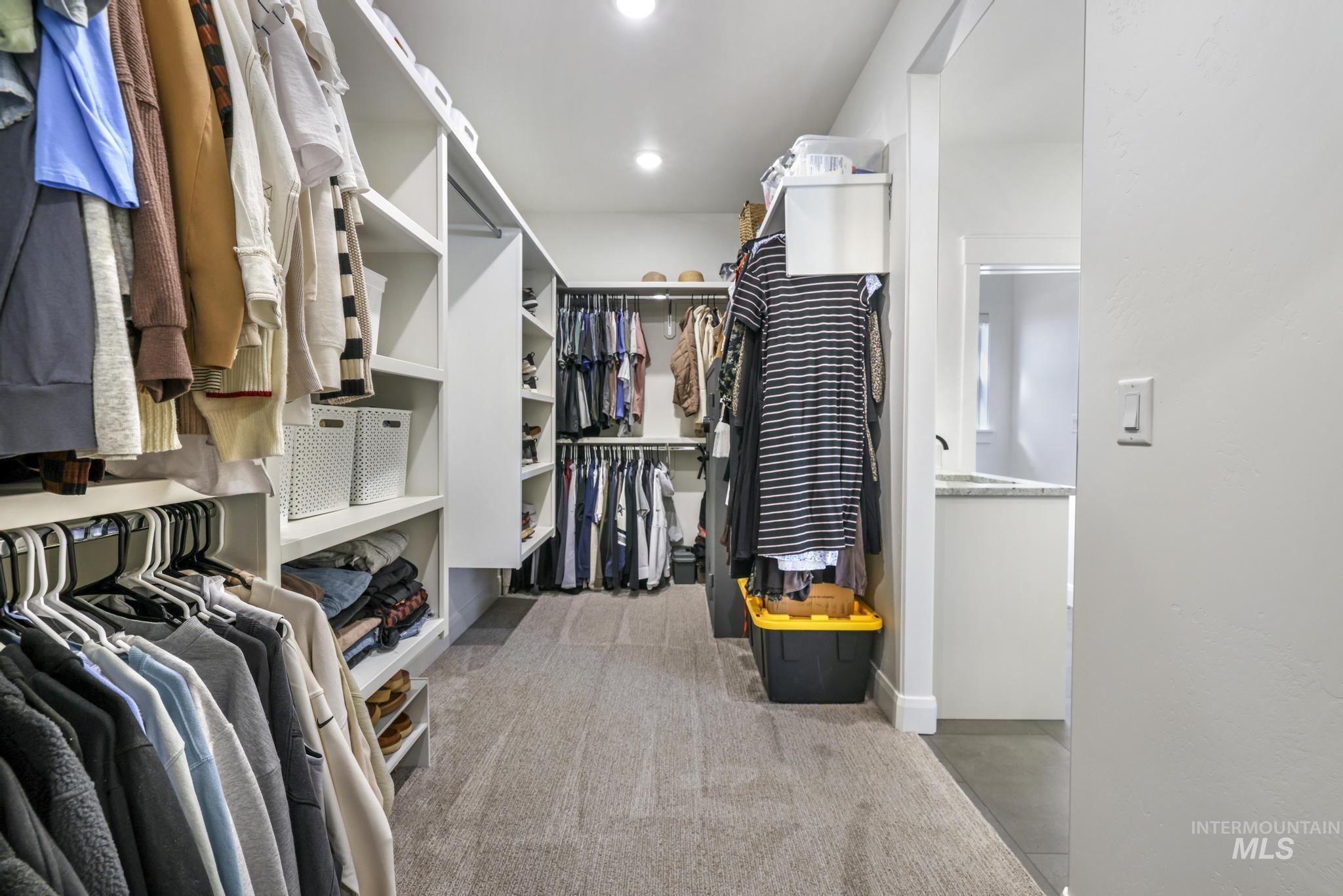 Spacious closet featuring light carpet
