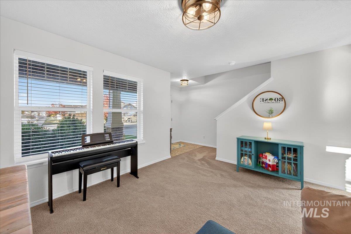 Sitting room with carpet and a textured ceiling