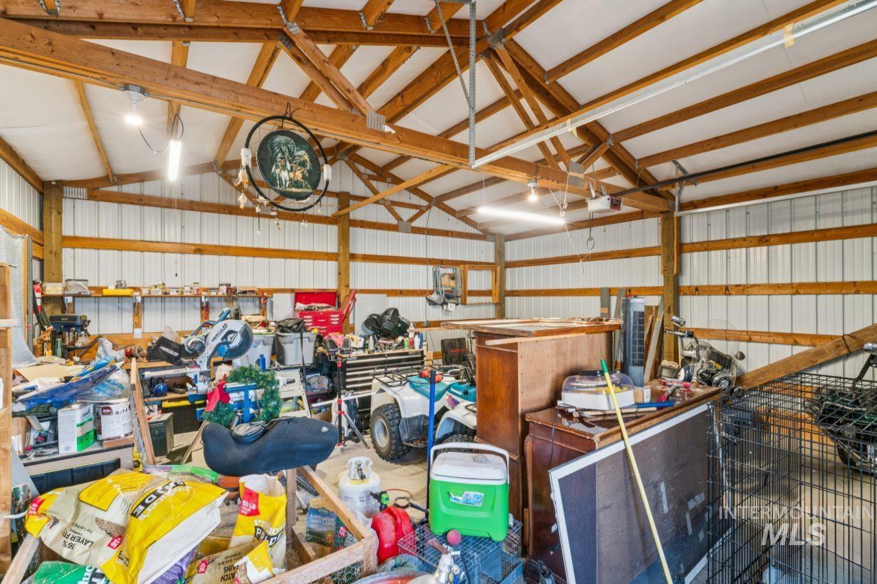 Garage with metal wall and a garage door opener