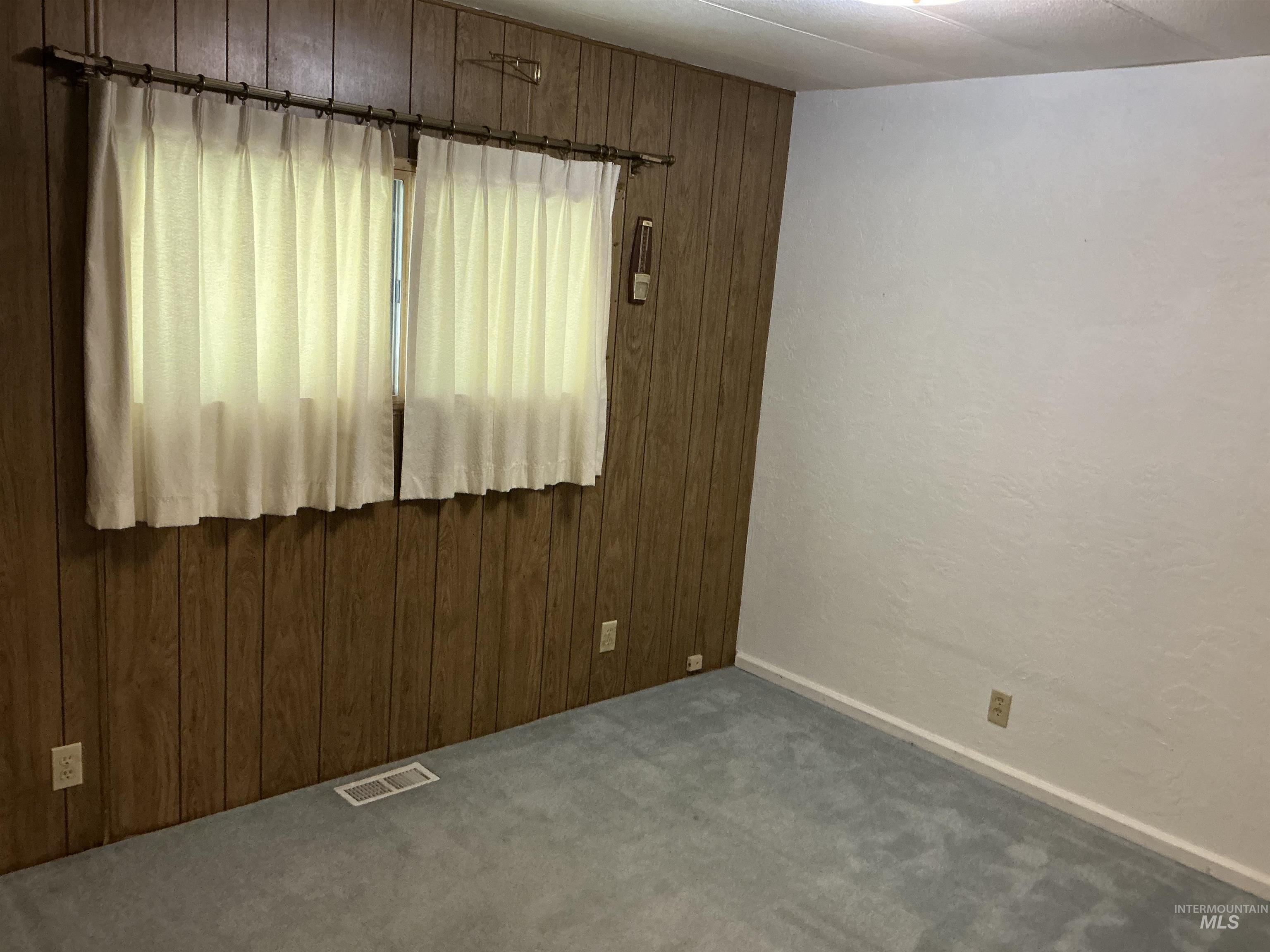 Unfurnished room featuring wood walls, a textured wall, and carpet floors