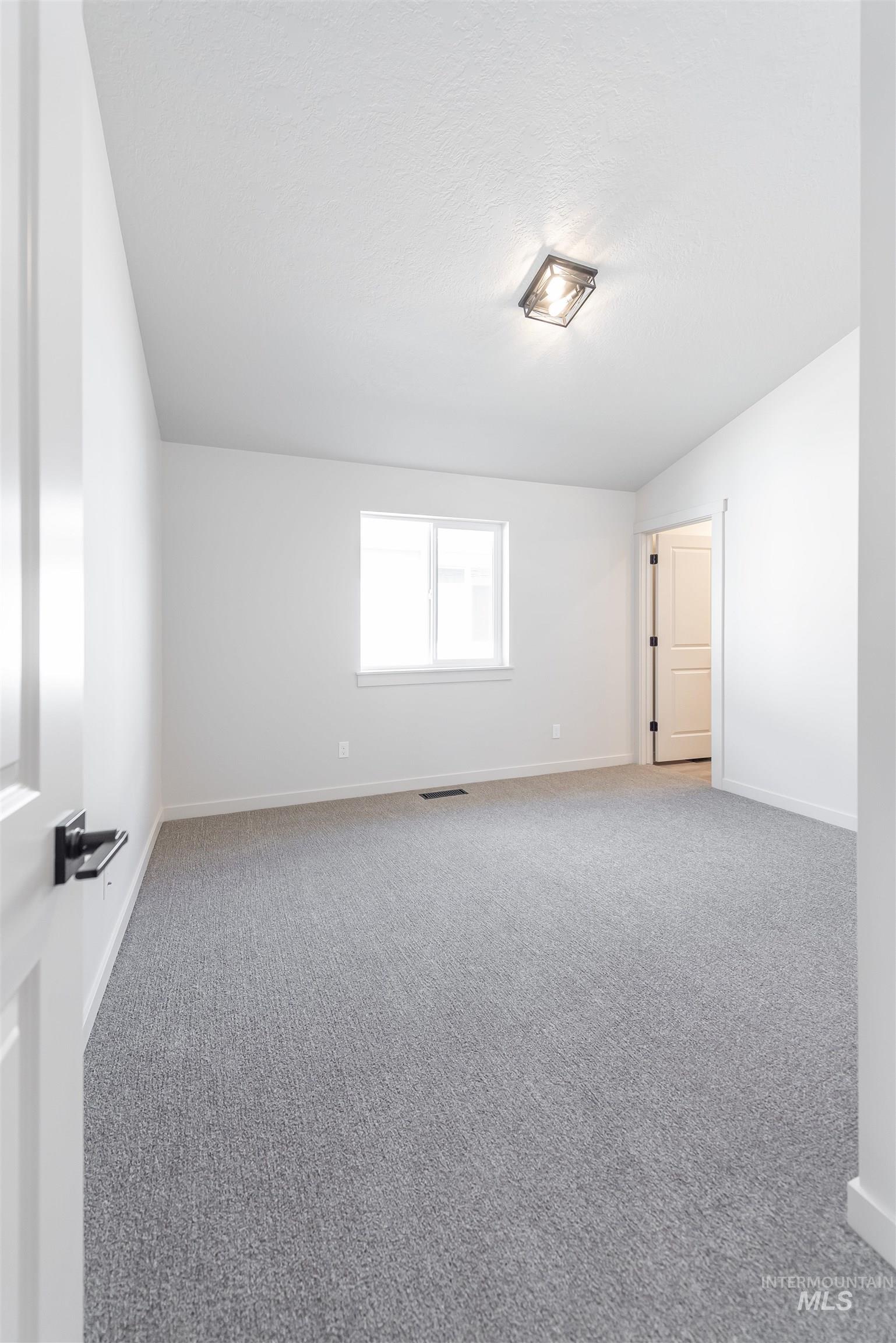Empty room with light carpet, a textured ceiling, and vaulted ceiling