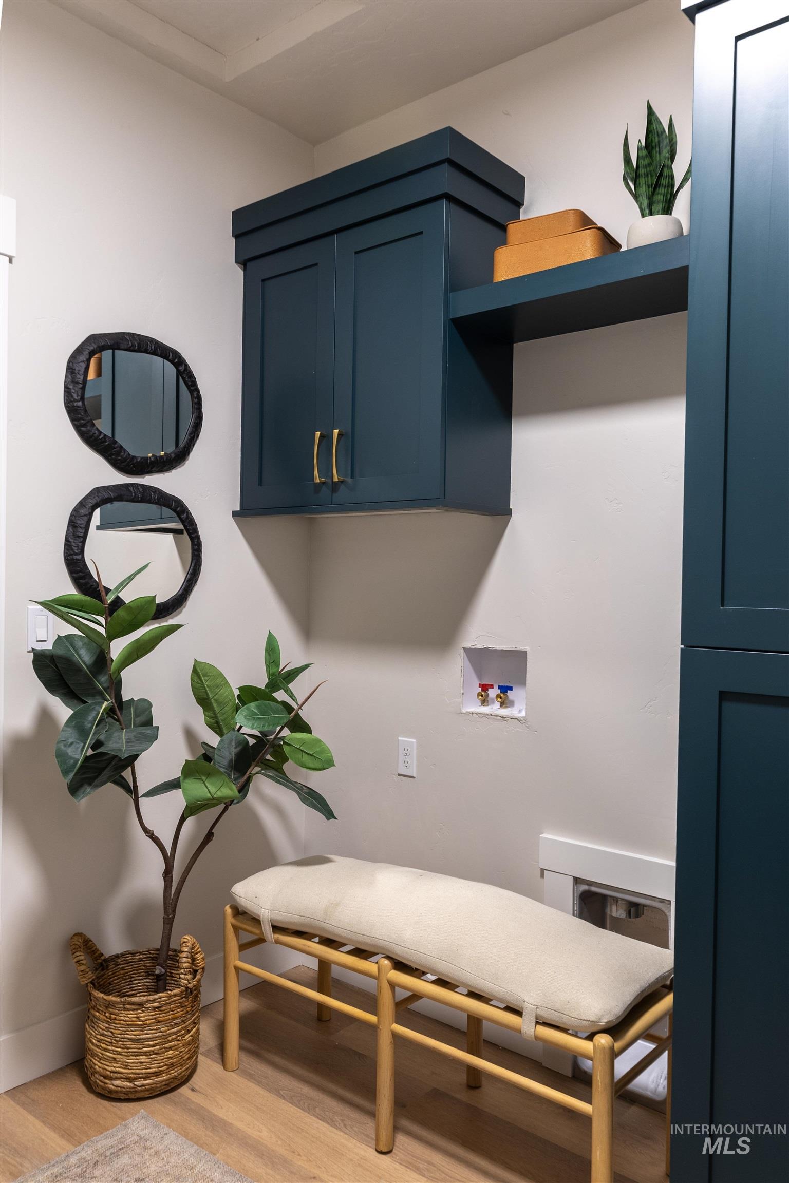 Washroom featuring hookup for a washing machine, cabinet space, and light wood-style flooring