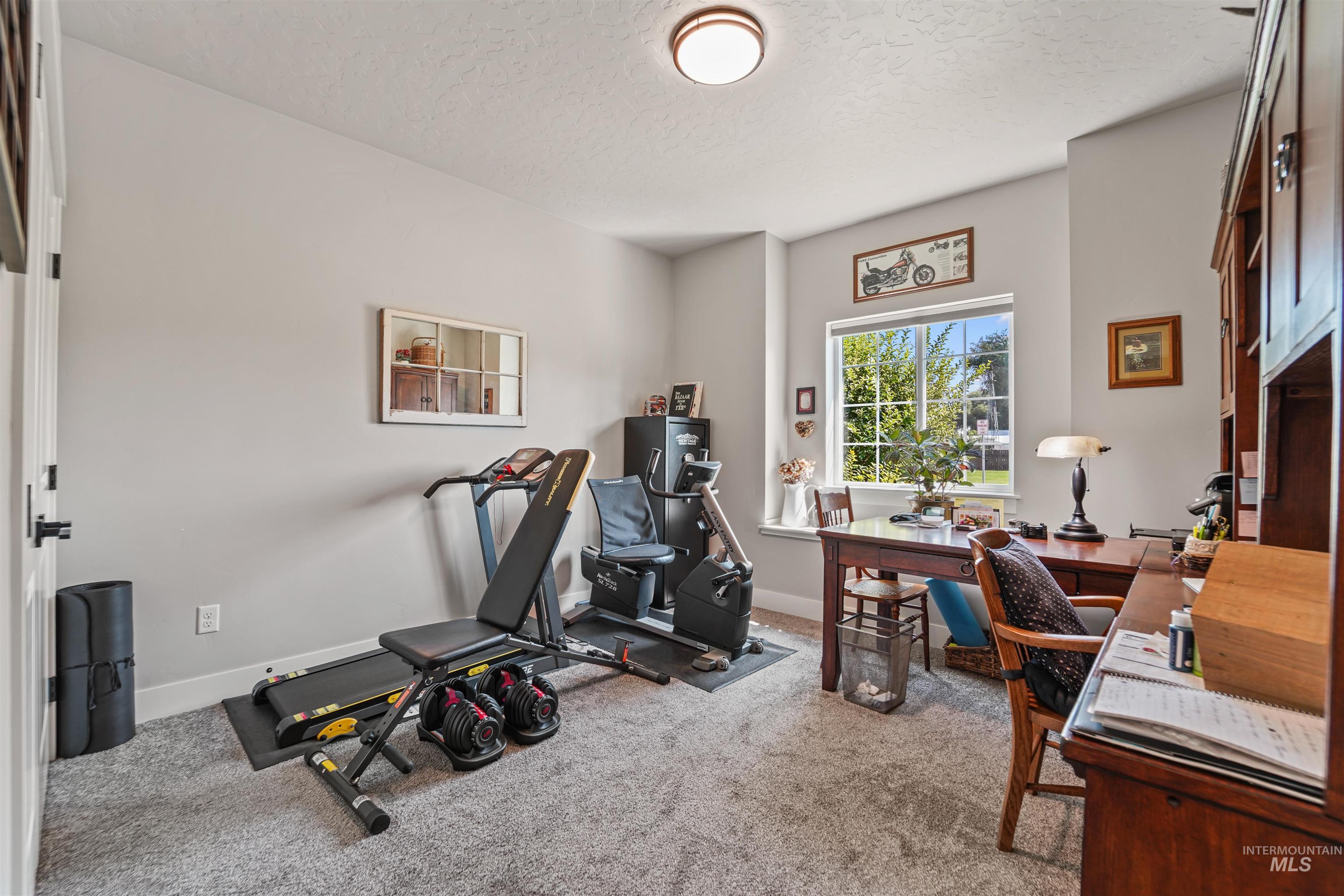 Office area with light carpet and a textured ceiling