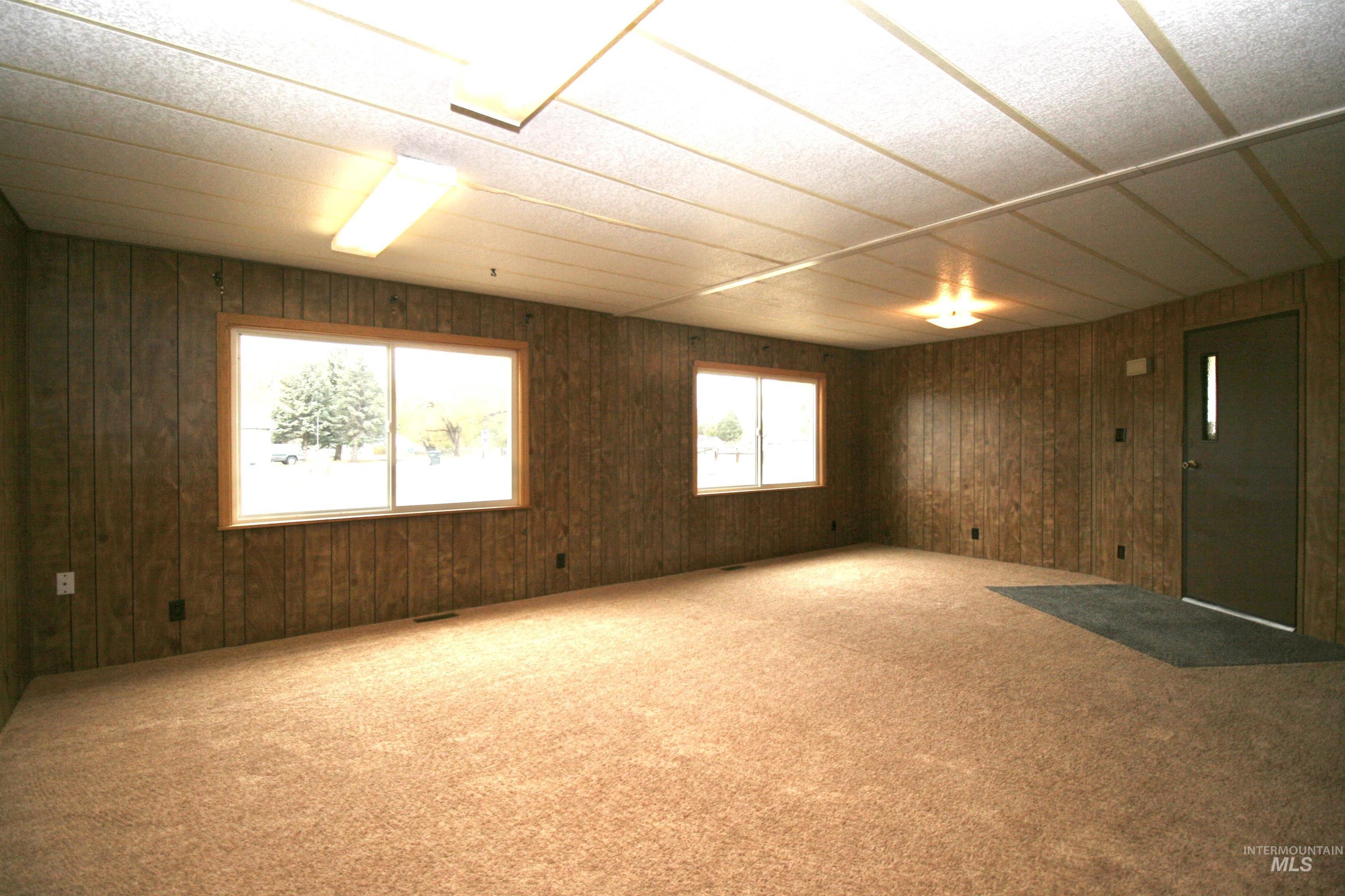 Unfurnished room featuring carpet and wood walls