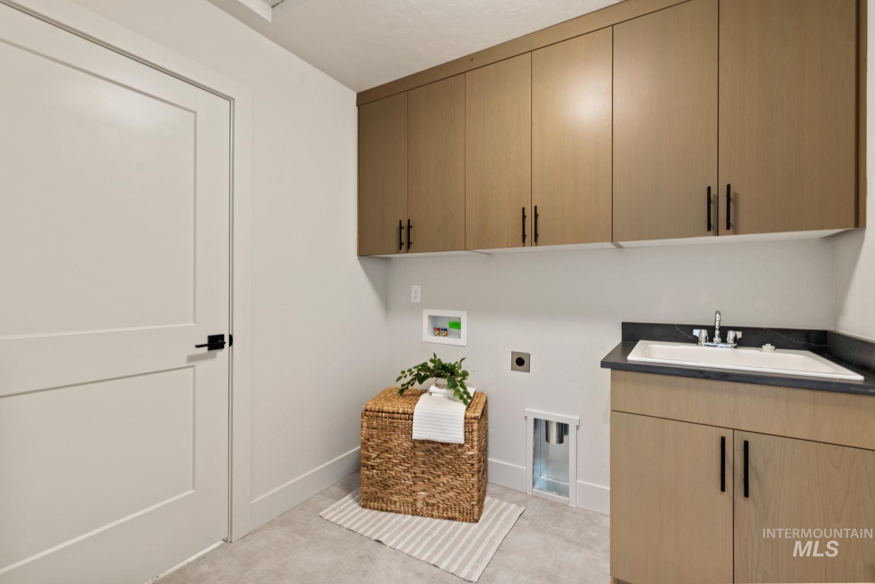 Washroom with cabinet space, light carpet, hookup for an electric dryer, and washer hookup