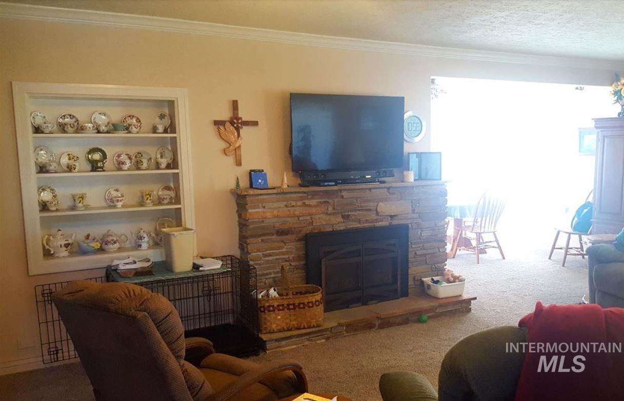 Carpeted living area featuring a fireplace, crown molding, and a textured ceiling