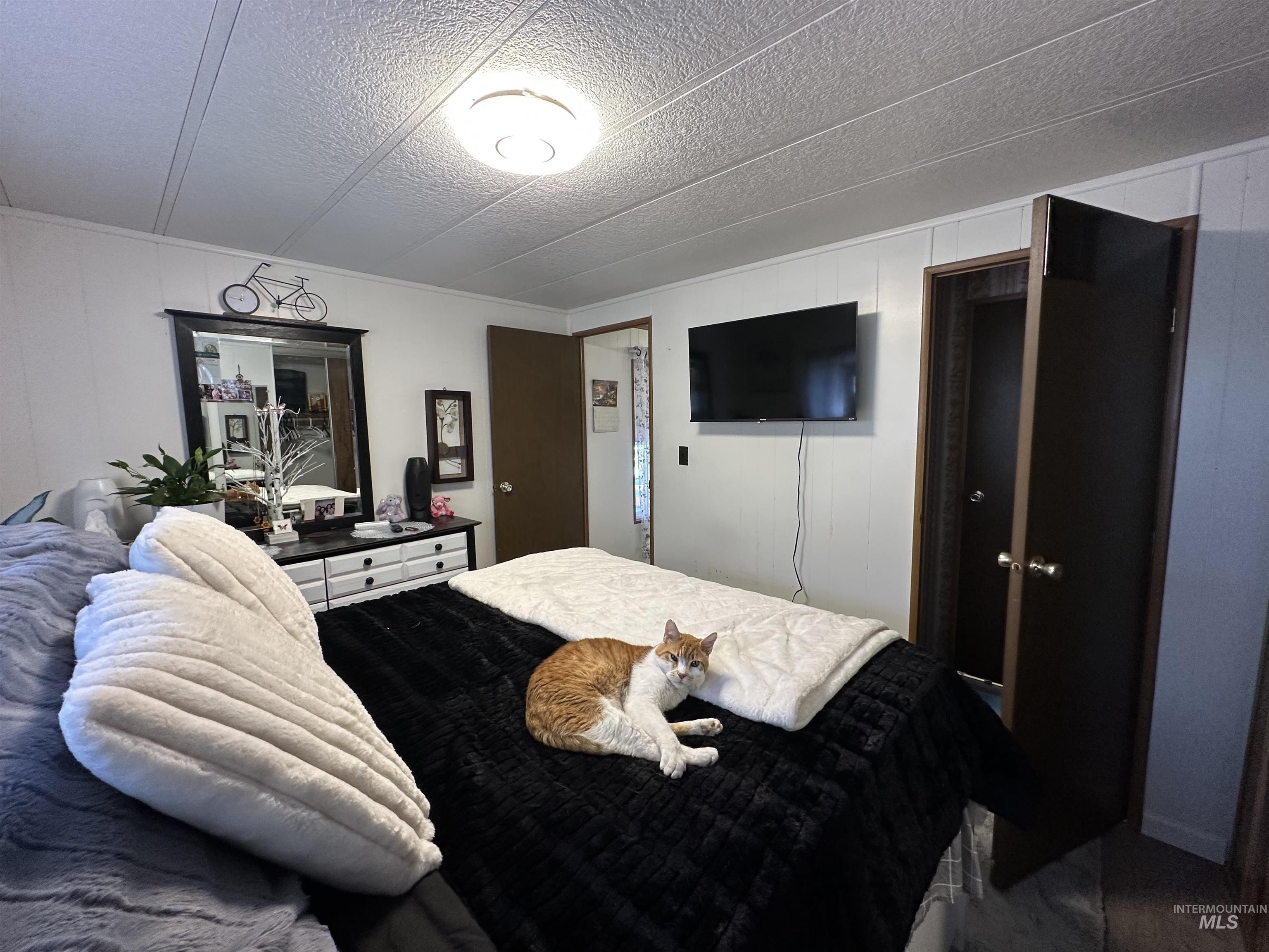 Carpeted bedroom featuring ornamental molding and wooden walls