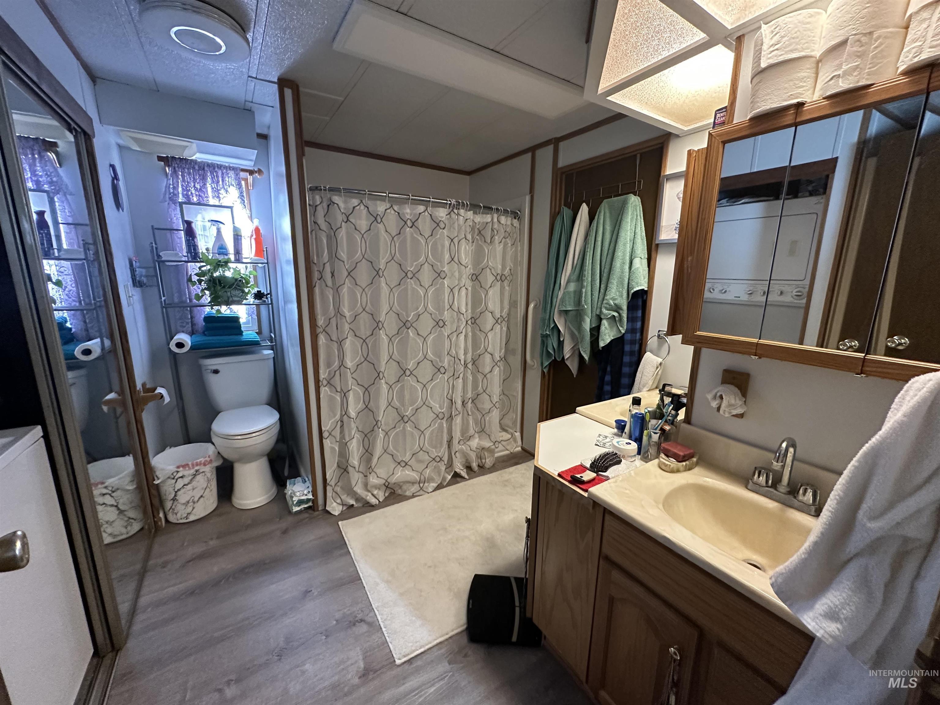Bathroom with curtained shower, vanity, dark wood-style flooring, and a paneled ceiling