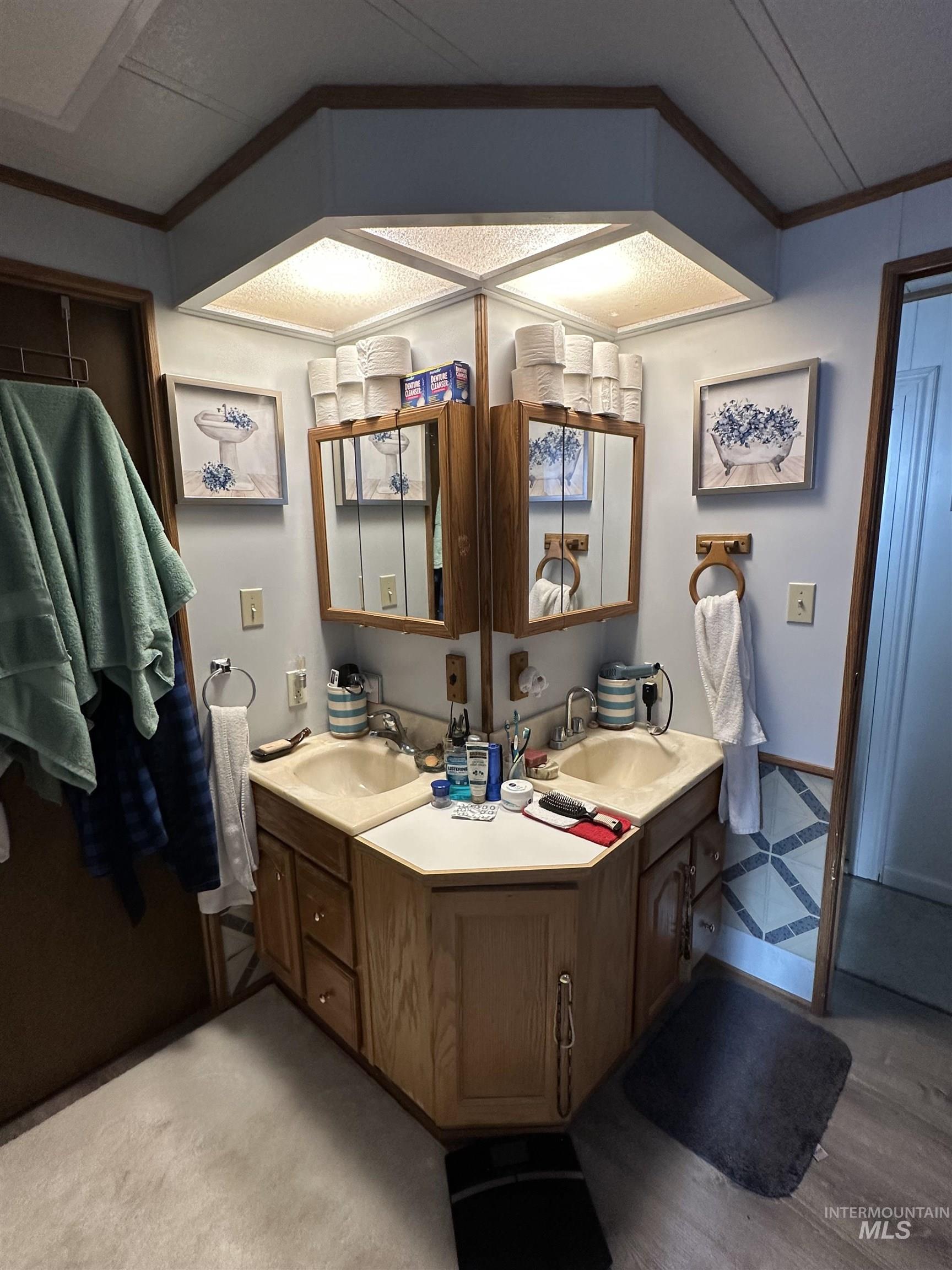 Bathroom featuring double vanity, ornamental molding, and light wood-style floors