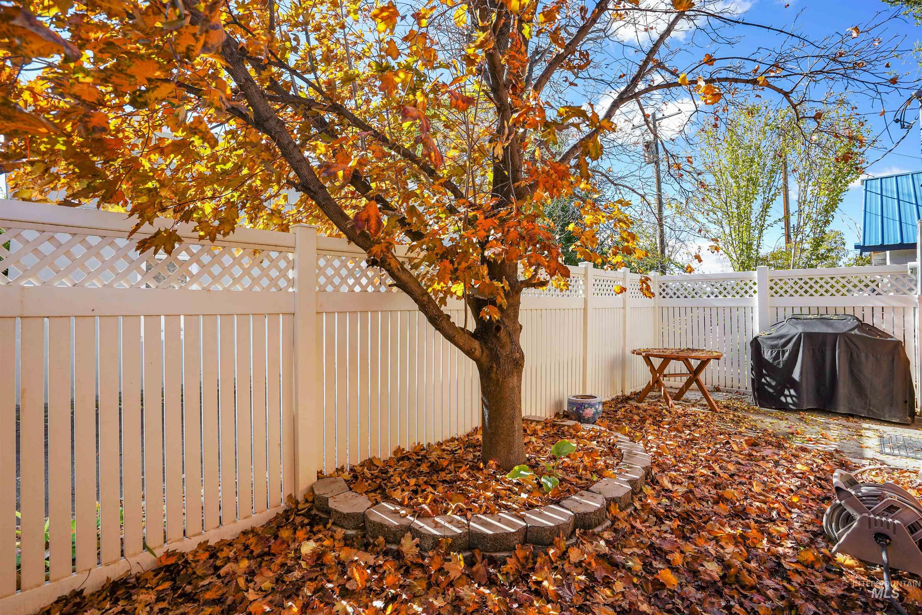 Fenced backyard with area for grilling