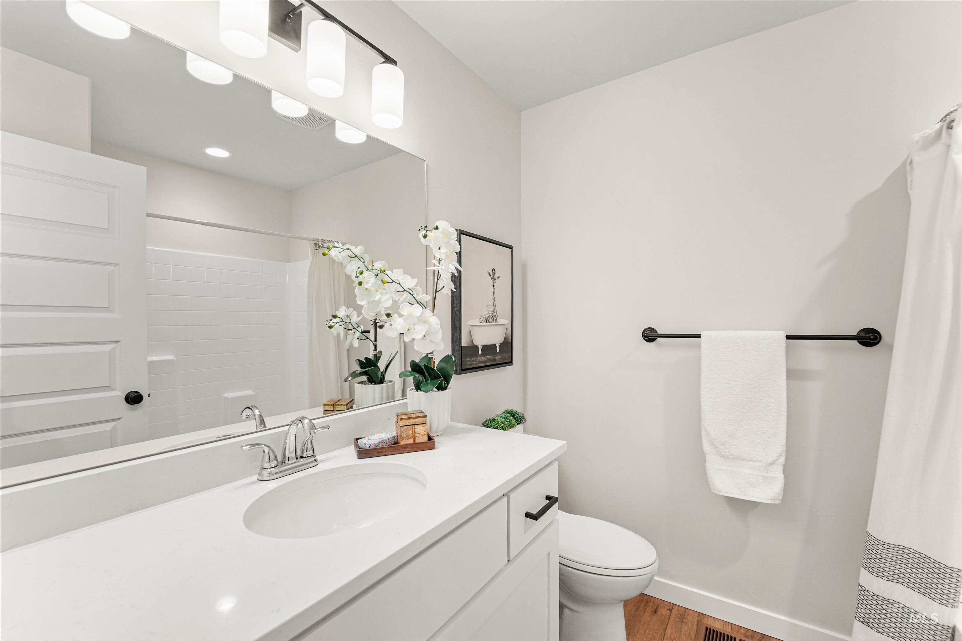 Bathroom with vanity, dark wood-style flooring, and curtained shower