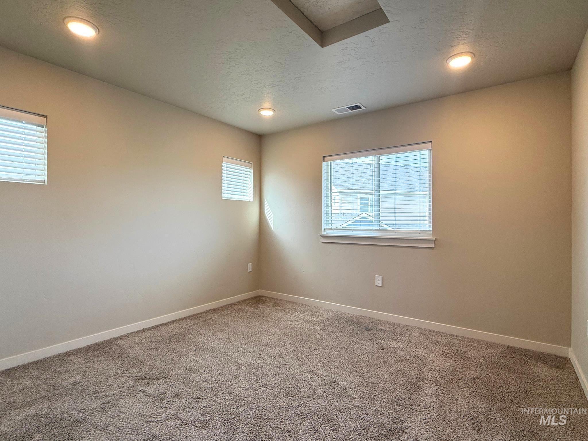 Empty room with carpet, a textured ceiling, plenty of natural light, and recessed lighting