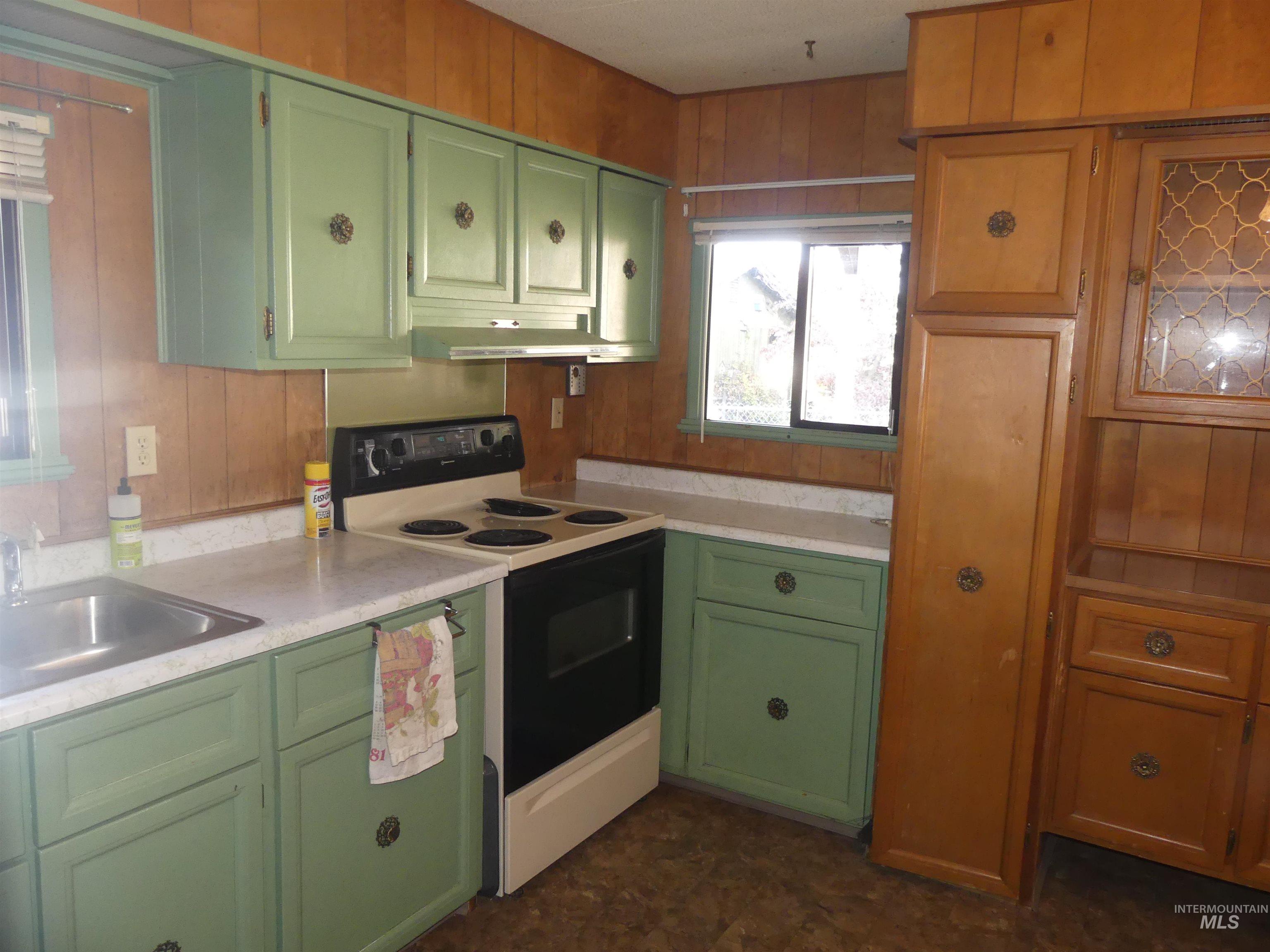 Kitchen with green cabinets, range with electric cooktop, wooden walls, light countertops, and under cabinet range hood