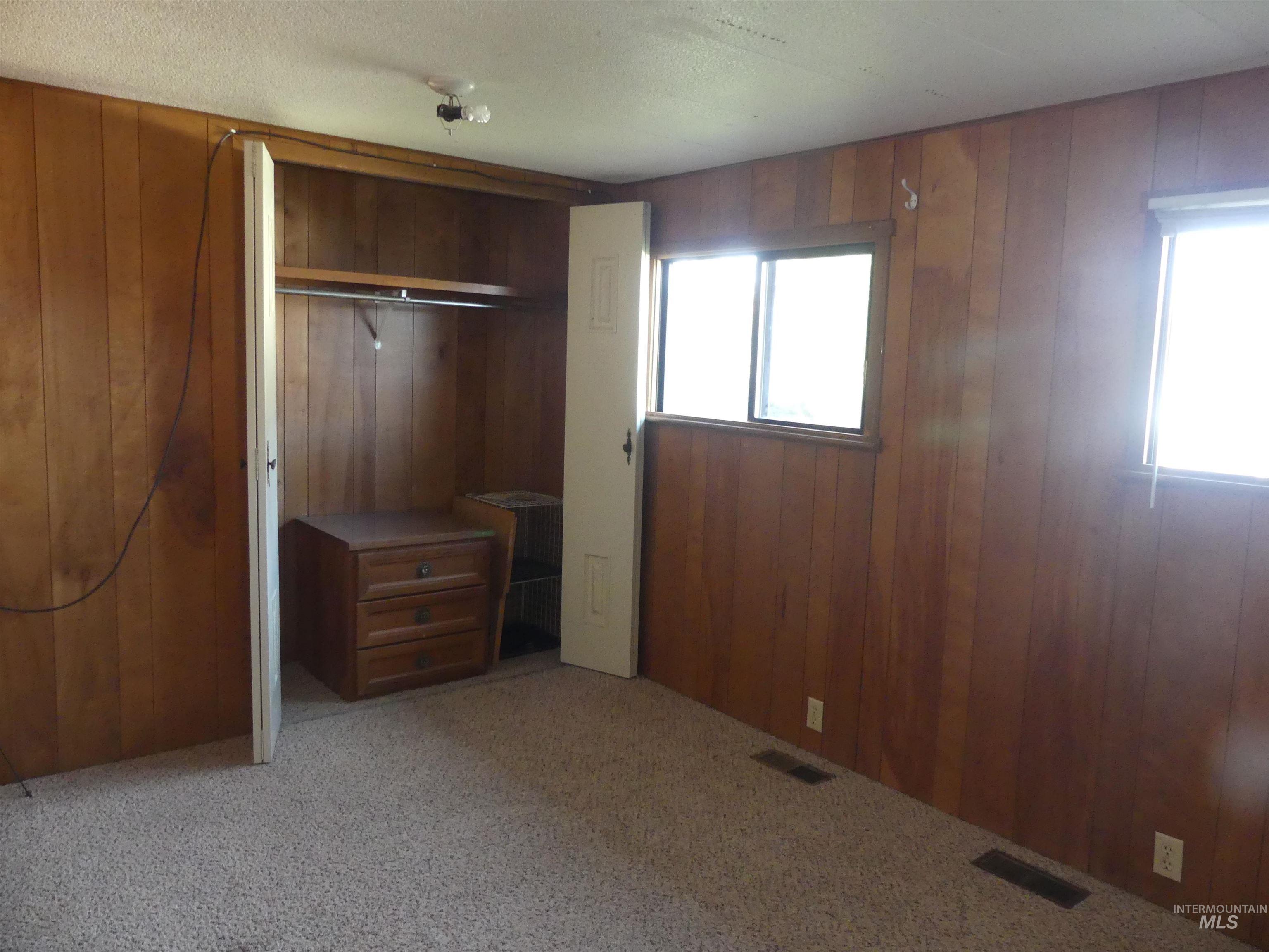 Unfurnished bedroom featuring wooden walls, light carpet, a closet, and multiple windows