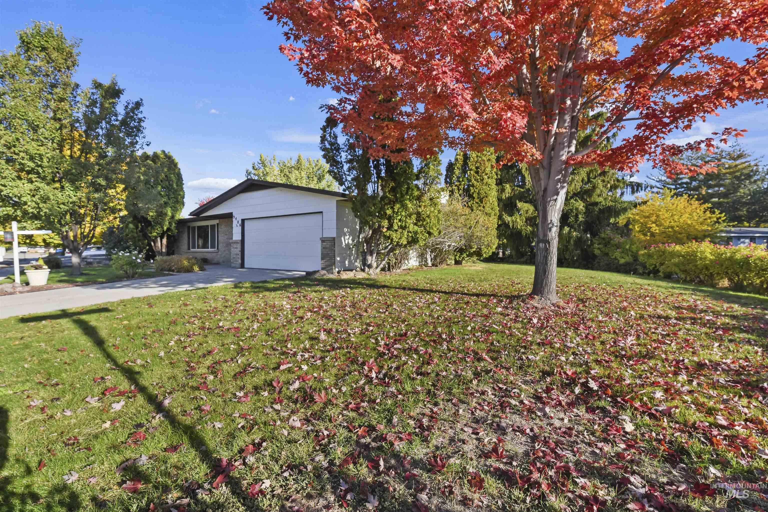View of green lawn featuring concrete driveway and a garage