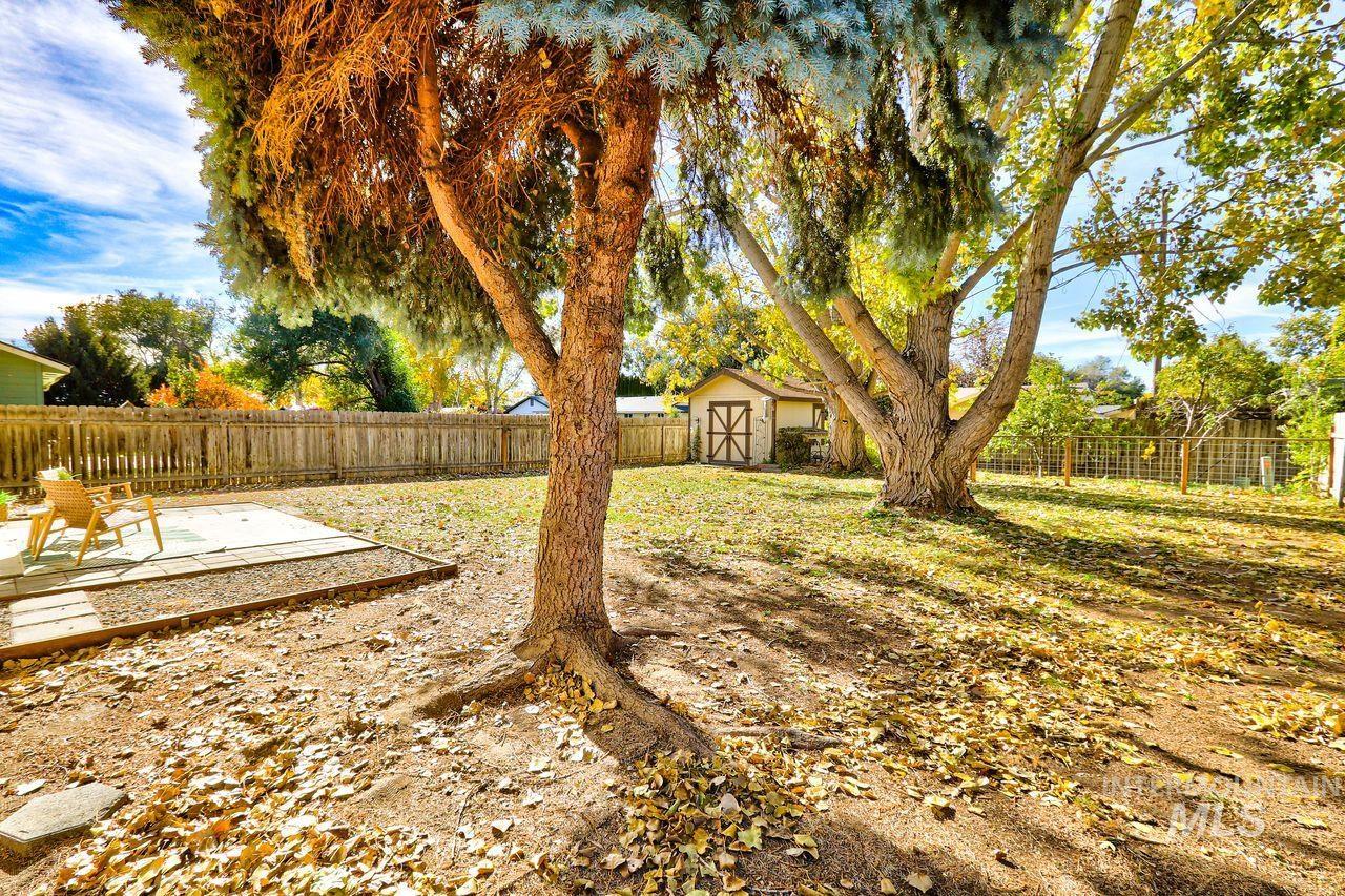 Fenced backyard with a storage shed and a patio area